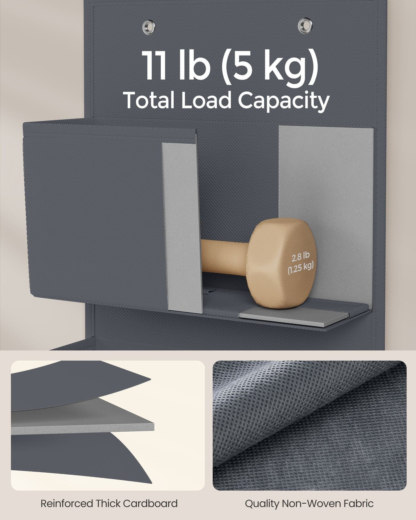 Over-Door Storage Organisers - Fabric - Slate Grey - Set of 2 with 4 Practical Pockets