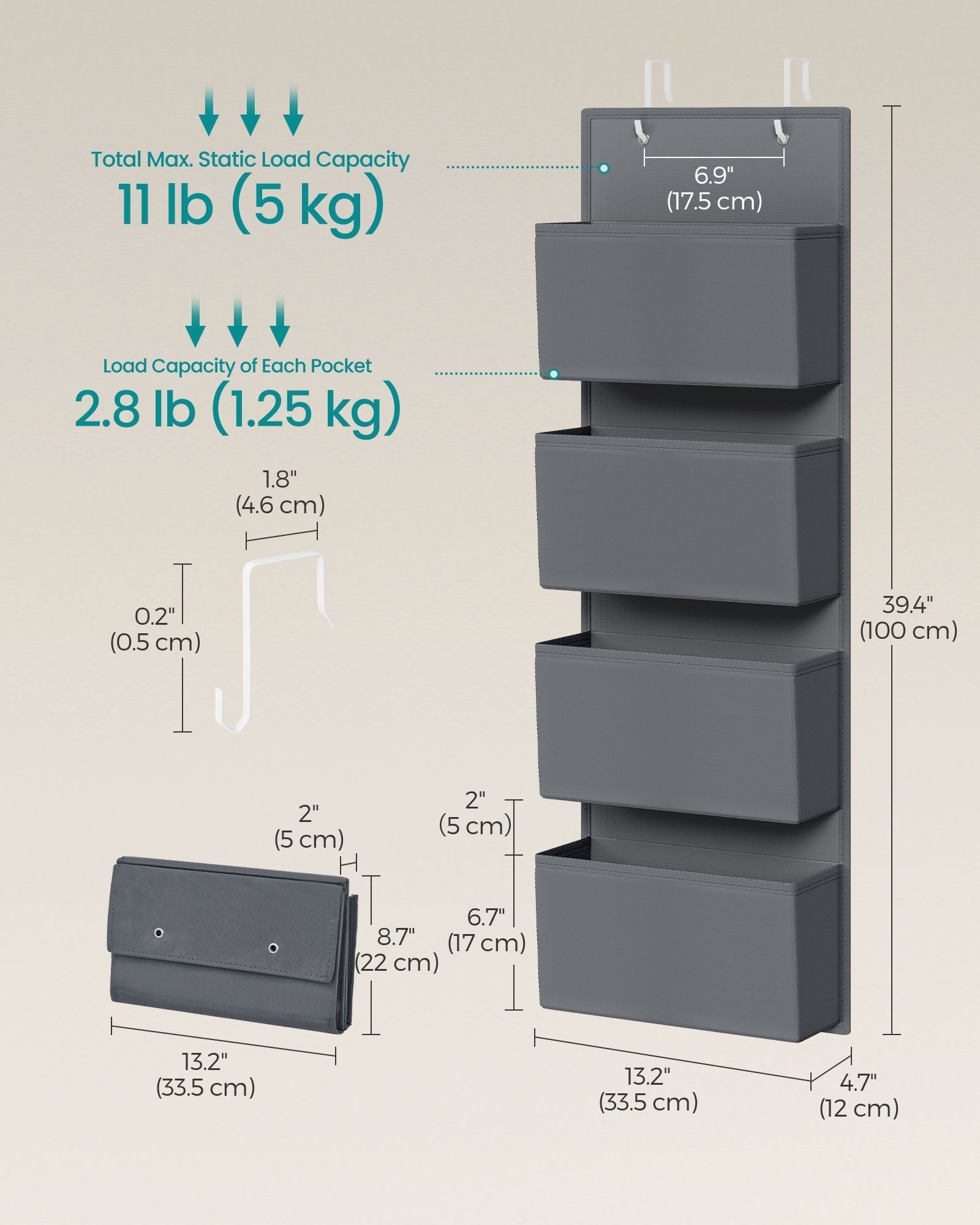 Over-Door Storage Organisers - Fabric - Slate Grey - Set of 2 with 4 Practical Pockets