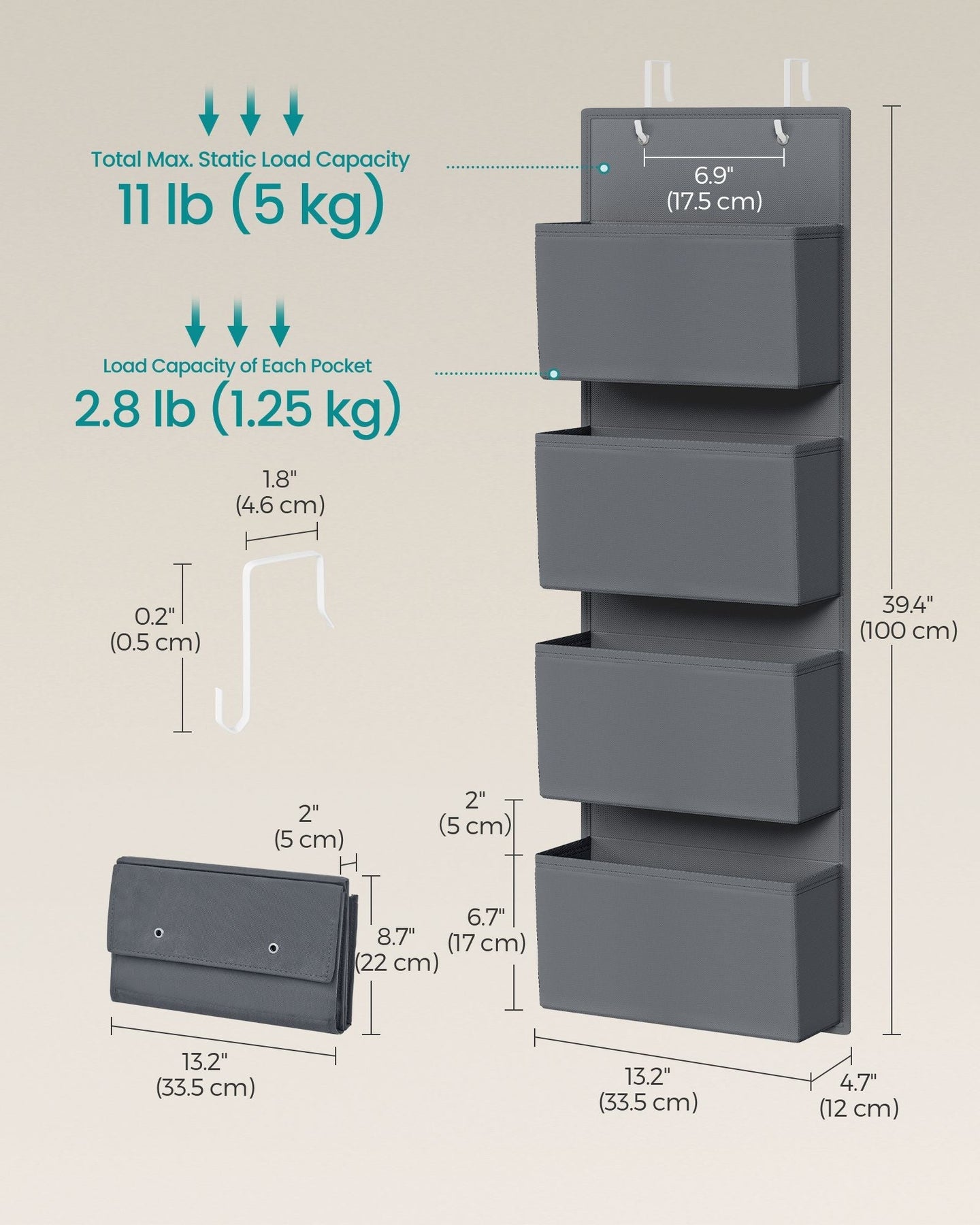Over-Door Storage Organisers - Fabric - Slate Grey - Set of 2 with 4 Practical Pockets