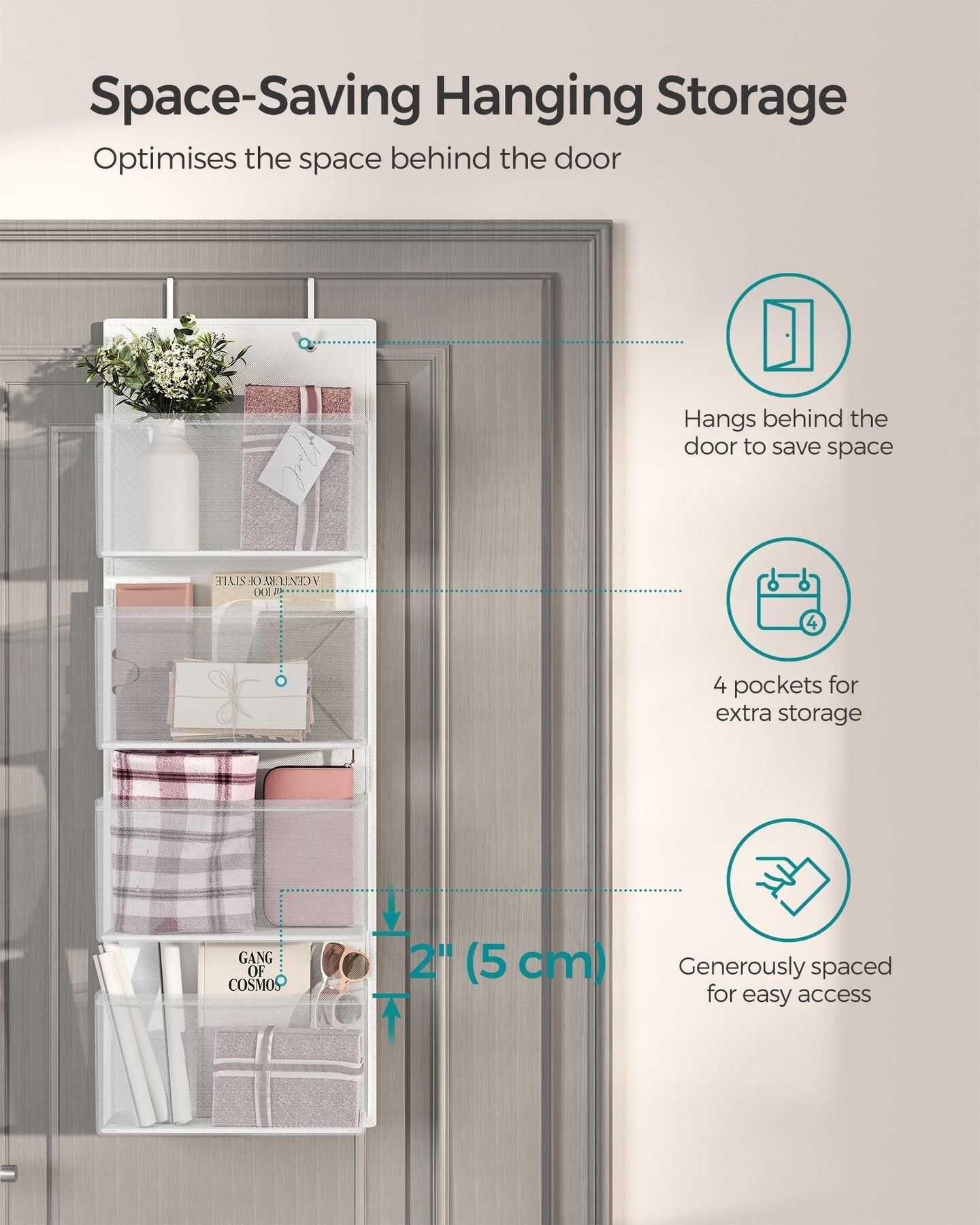 Over-Door Storage Organiser - 4 Pockets - Fabric - Cloud White