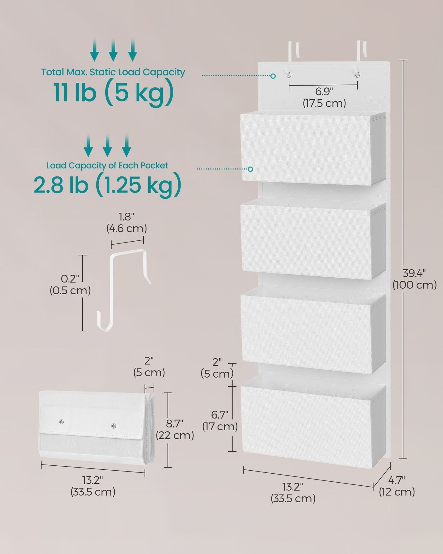 Over-Door Storage Organiser - 4 Pockets - Fabric - Cloud White