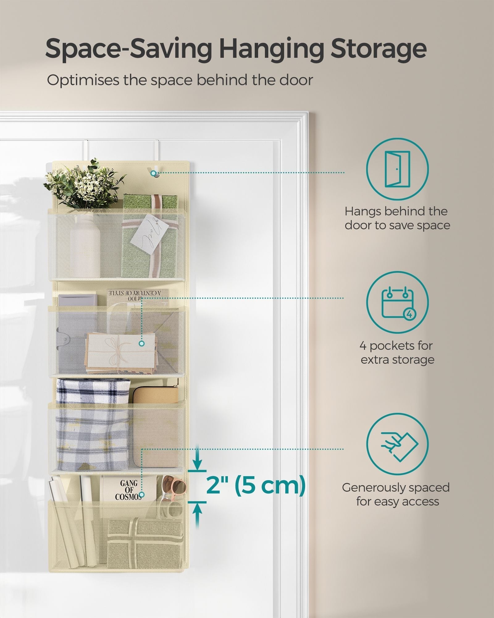 Over-Door Storage Organiser - 4 Pocket Design - Fabric - Sand Beige