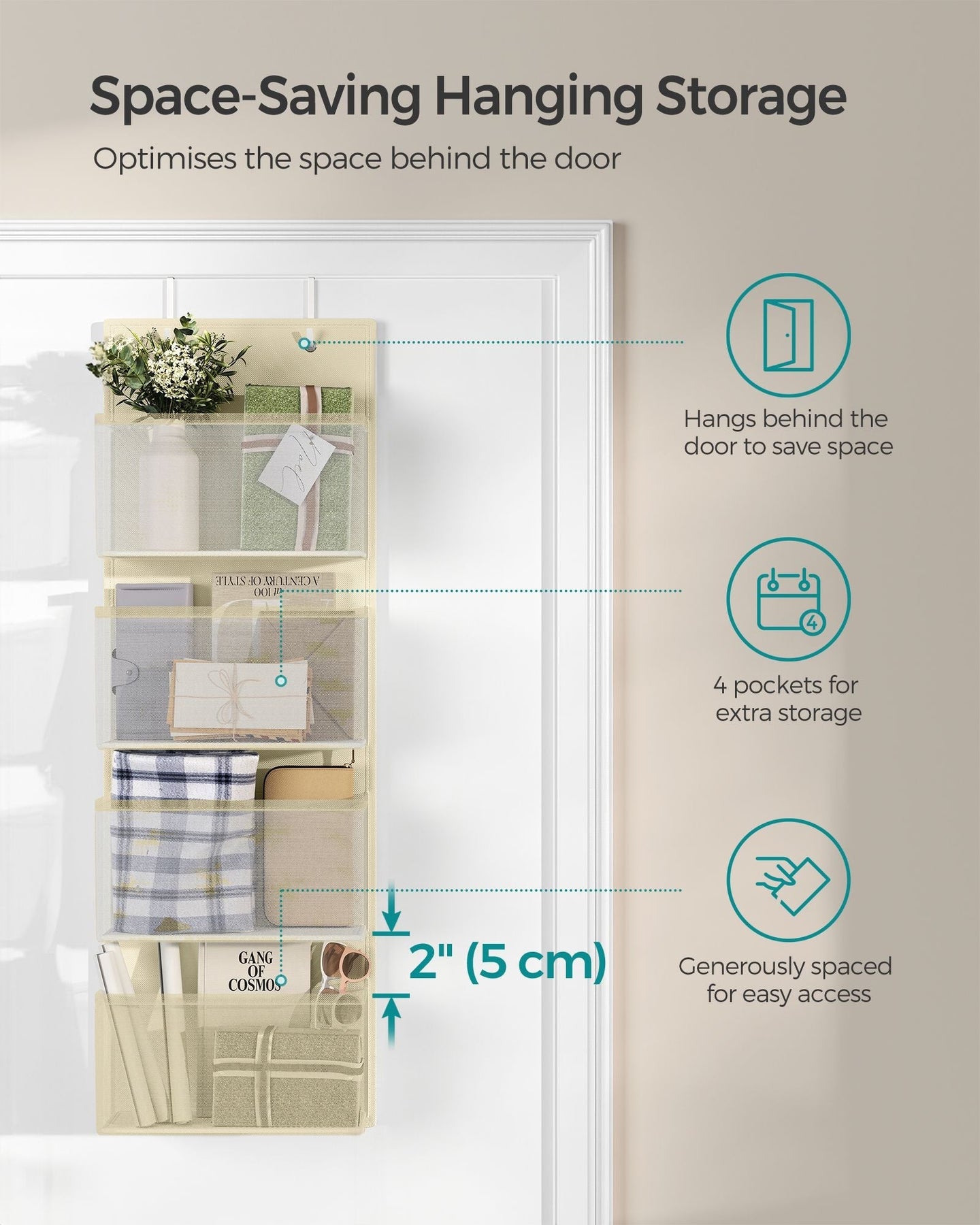 Over-Door Storage Organiser - 4 Pocket Design - Fabric - Sand Beige