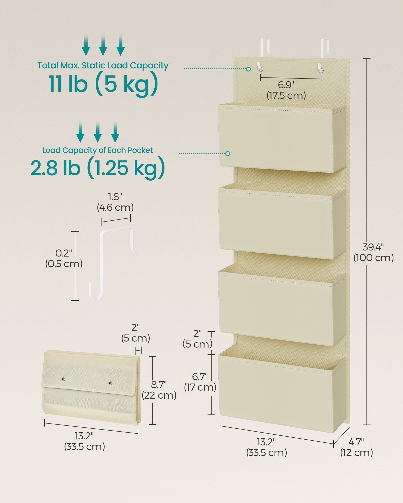 Over-Door Storage Organiser - 4 Pocket Design - Fabric - Sand Beige