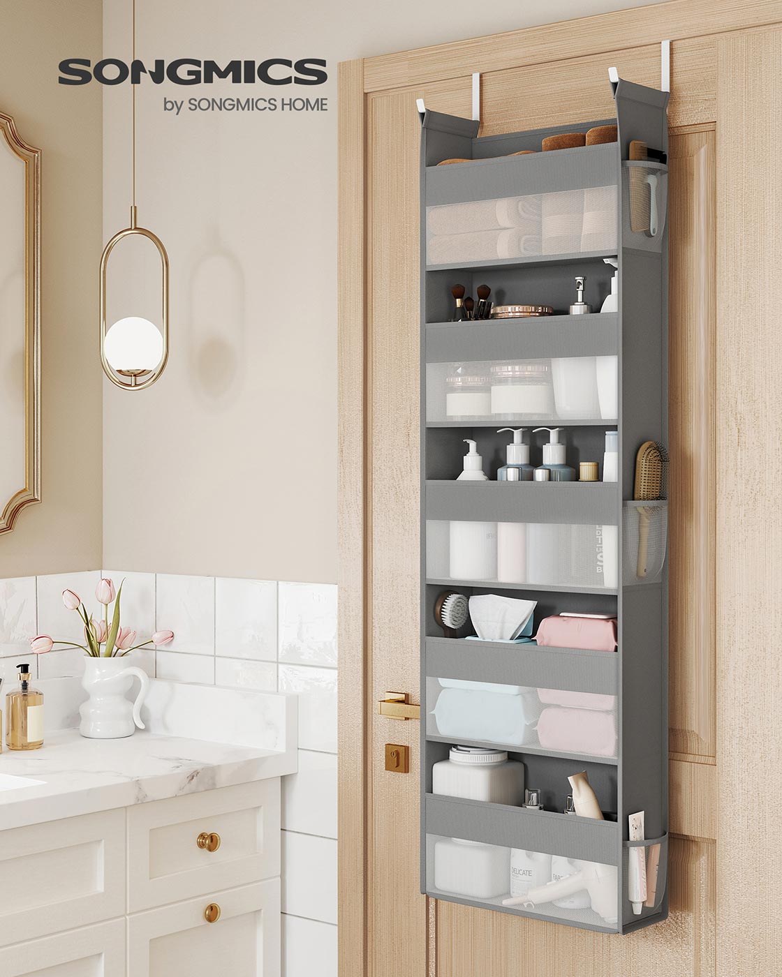 Hanging Door Organiser - Transparent Nylon Mesh - Dove Grey - 5 Large Pockets