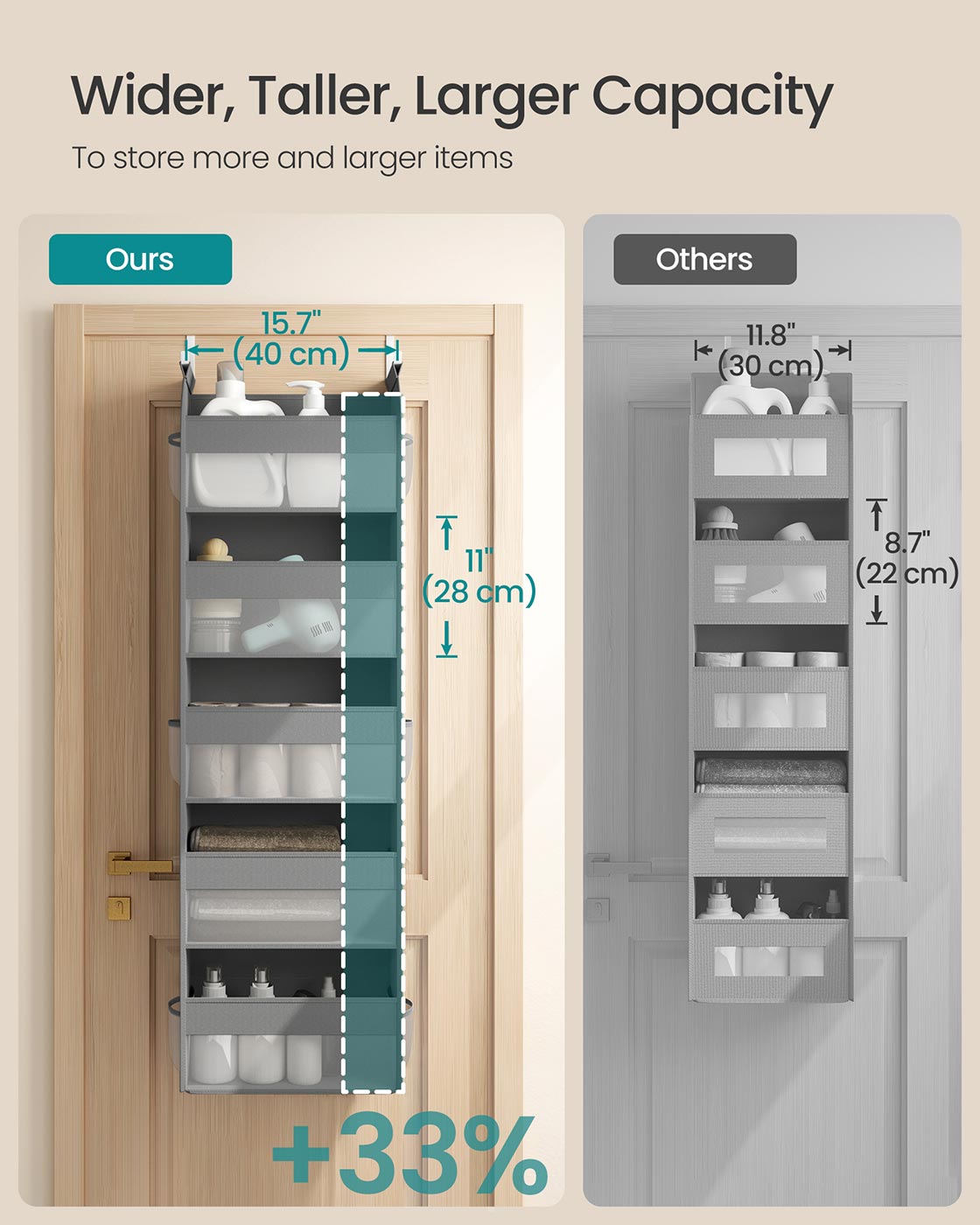 Hanging Door Organiser - Transparent Nylon Mesh - Dove Grey - 5 Large Pockets
