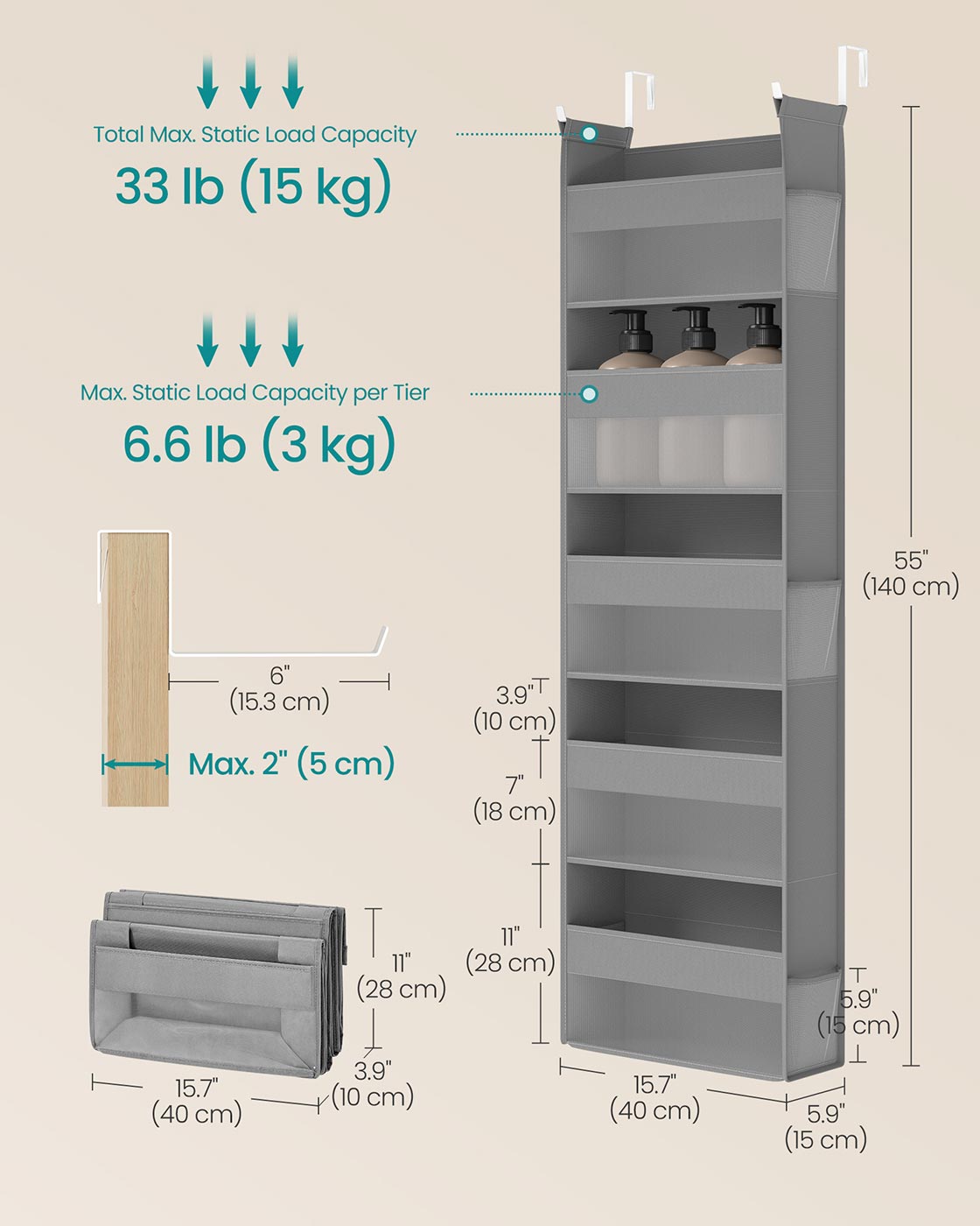 Hanging Door Organiser - Transparent Nylon Mesh - Dove Grey - 5 Large Pockets