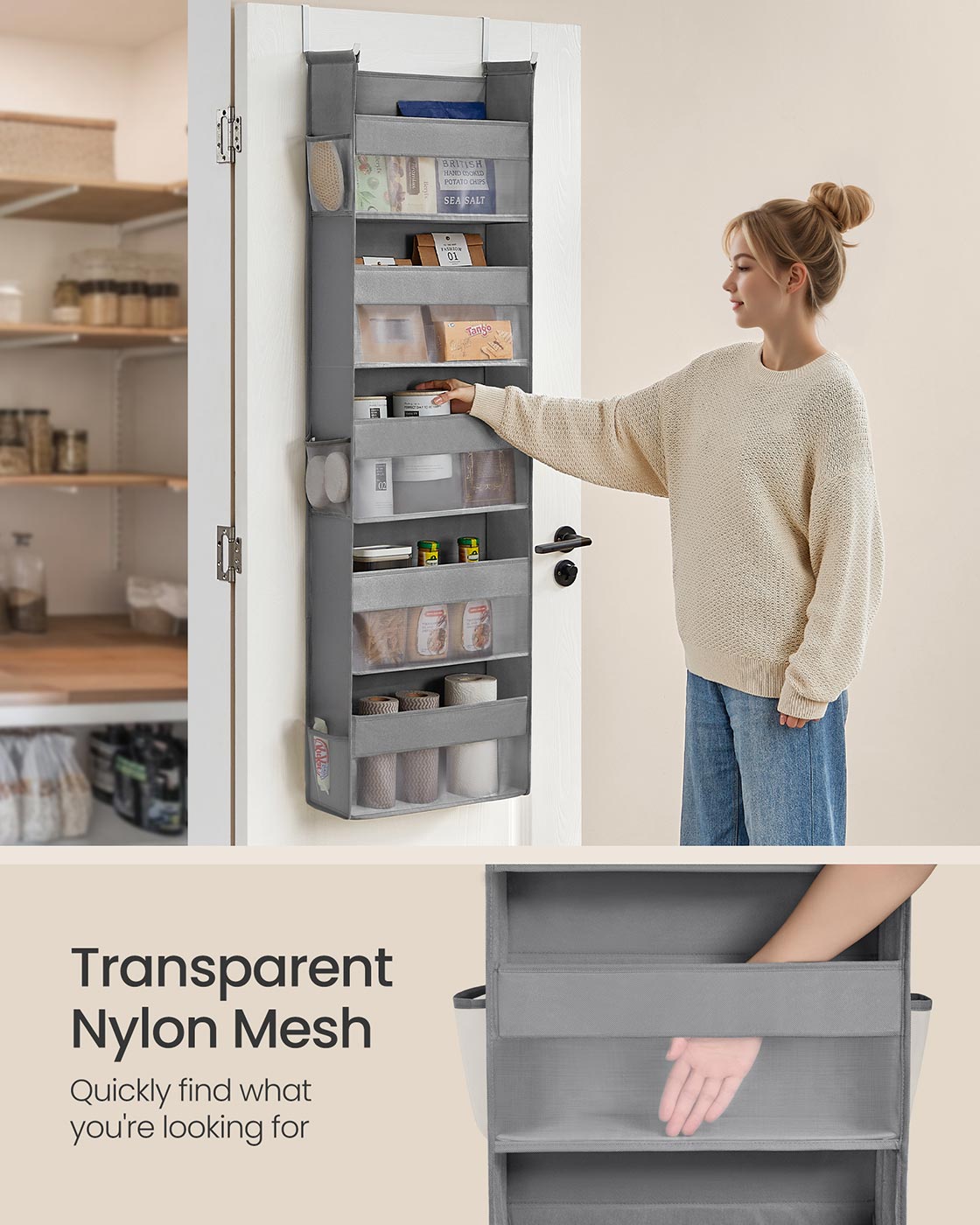 Hanging Door Organiser - Transparent Nylon Mesh - Dove Grey - 5 Large Pockets