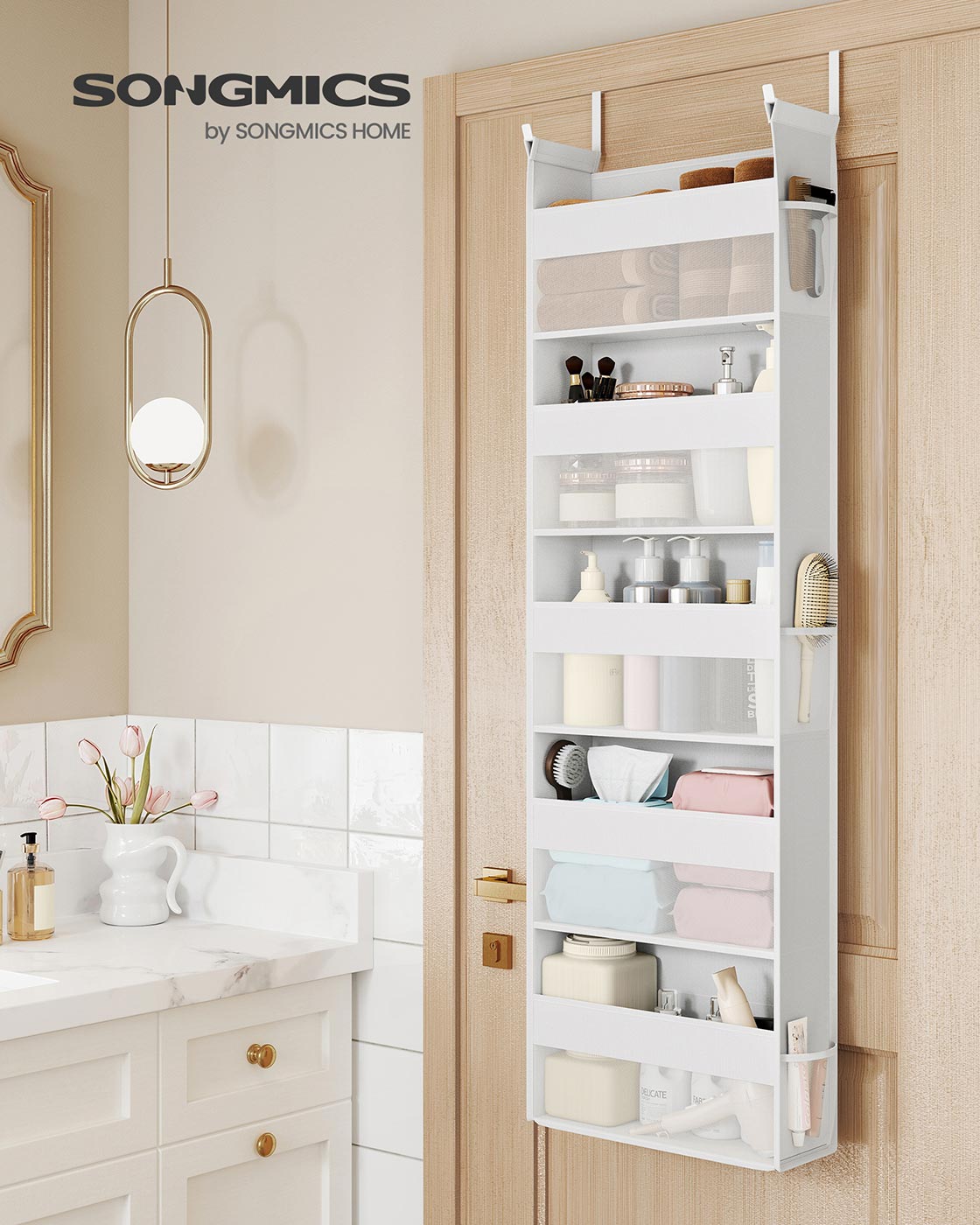Over the Door Organiser - 5 Large Pockets - Transparent Nylon Mesh - Cloud White