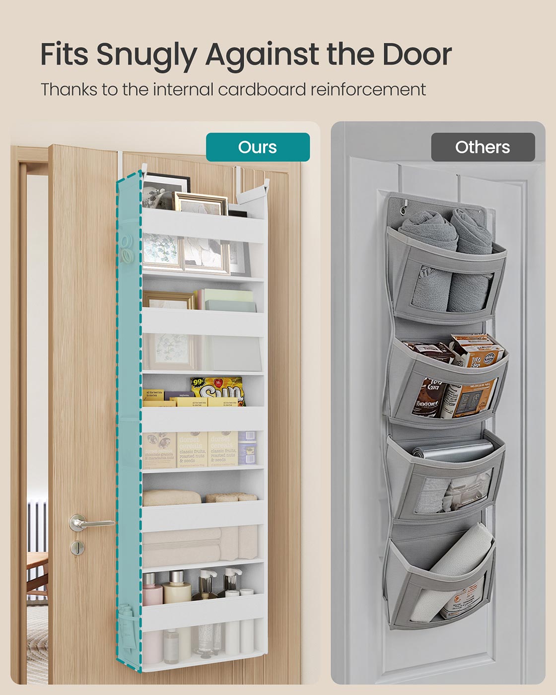 Over the Door Organiser - 5 Large Pockets - Transparent Nylon Mesh - Cloud White