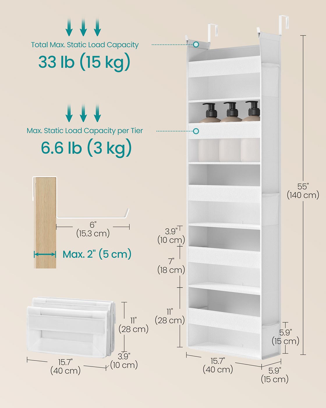 Over the Door Organiser - 5 Large Pockets - Transparent Nylon Mesh - Cloud White