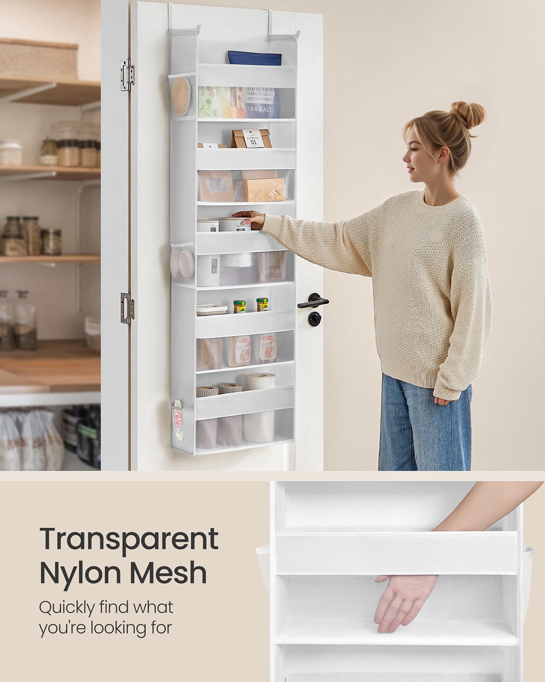 Over the Door Organiser - 5 Large Pockets - Transparent Nylon Mesh - Cloud White