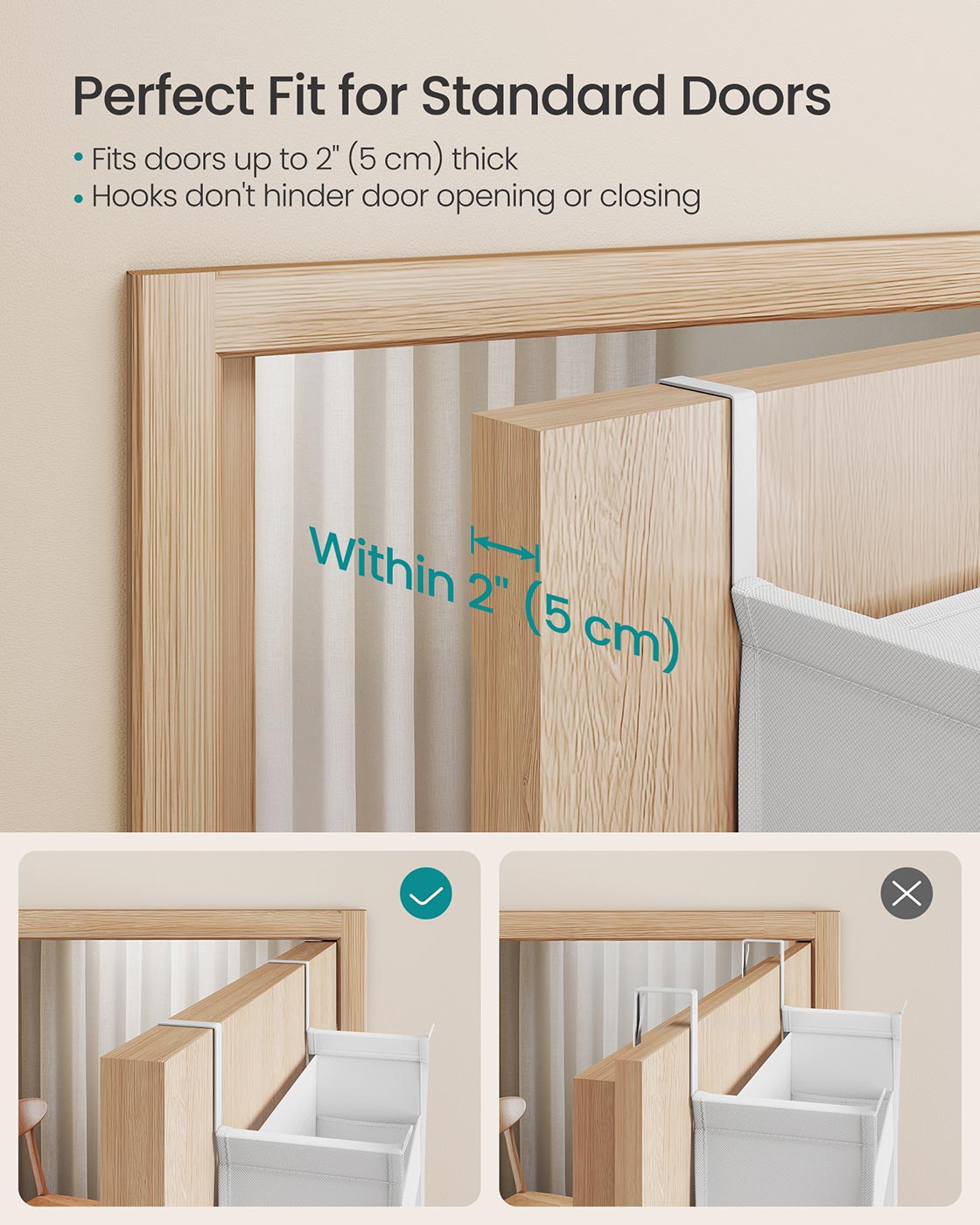 Over the Door Organiser - 5 Large Pockets - Transparent Nylon Mesh - Cloud White