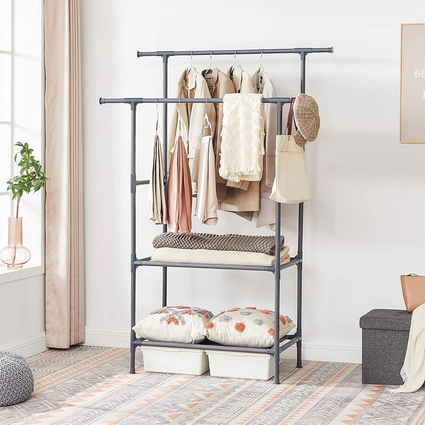 Clothes Rack - Metal - Grey - 2 Hanging Rails and 2 Storage Shelves