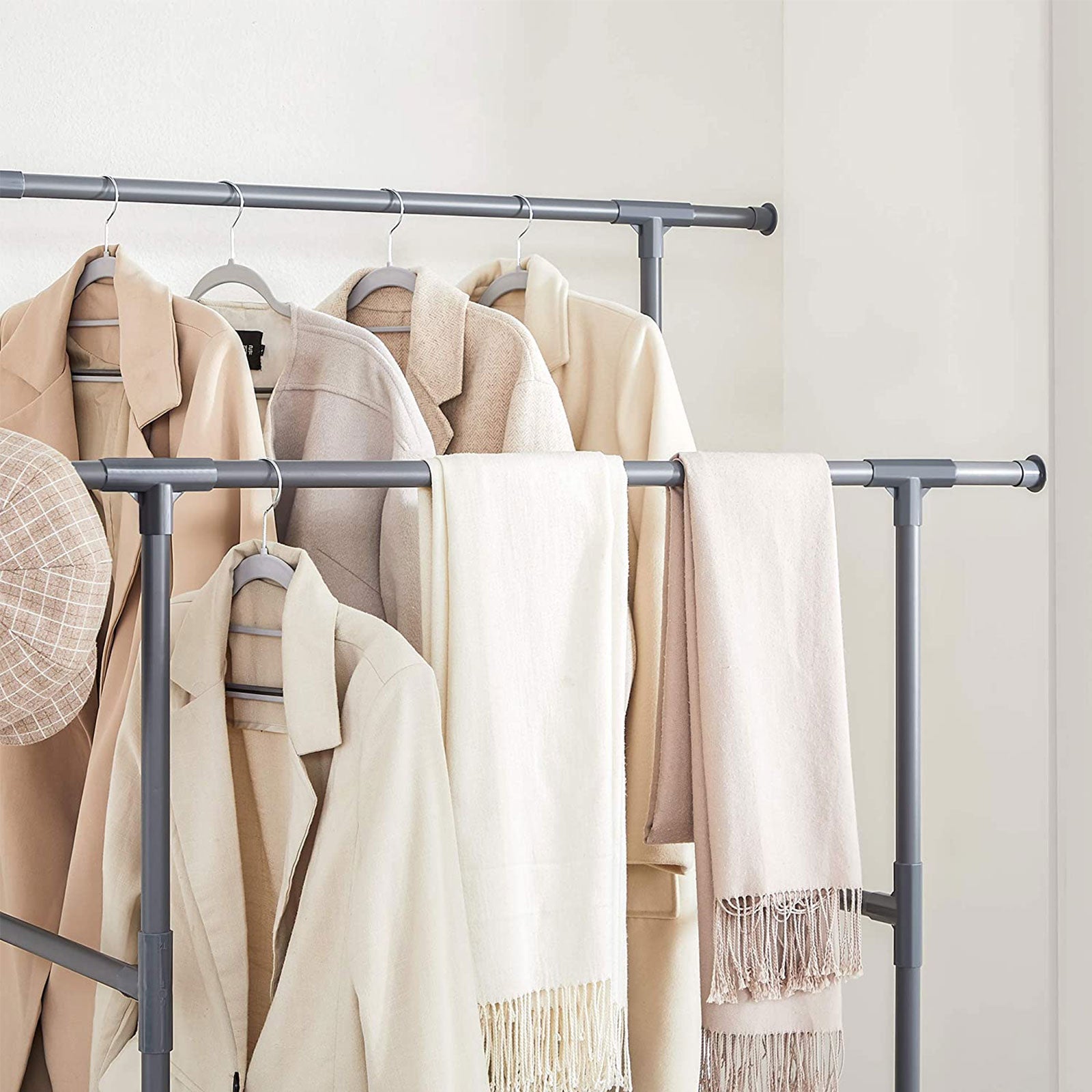 Clothes Rack - Metal - Grey - 2 Hanging Rails and 2 Storage Shelves