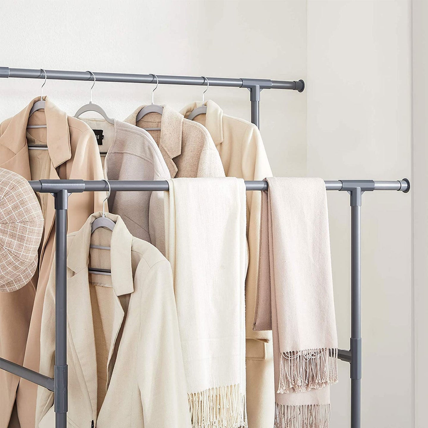 Clothes Rack - Metal - Grey - 2 Hanging Rails and 2 Storage Shelves