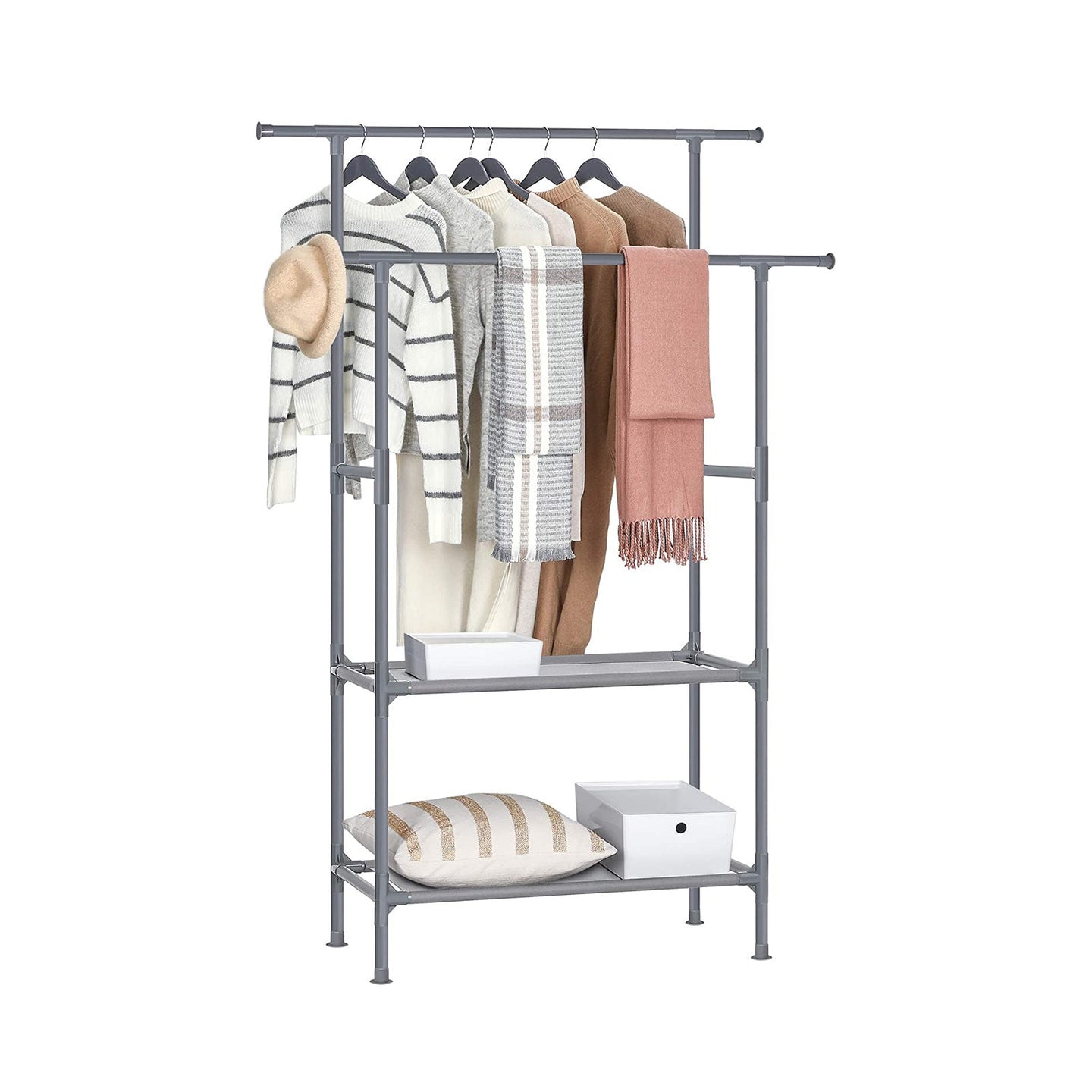 Clothes Rack - Metal - Grey - 2 Hanging Rails and 2 Storage Shelves