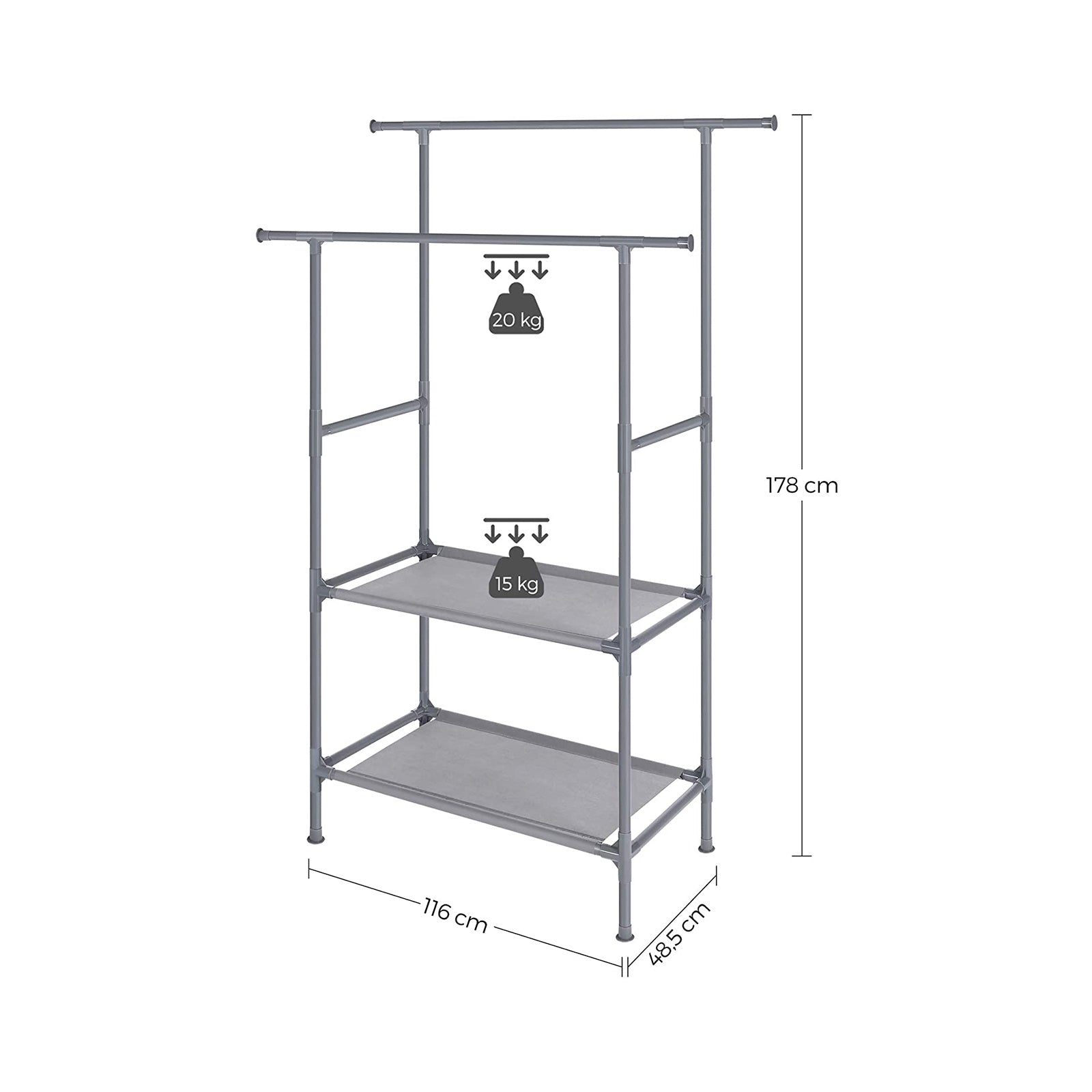 Clothes Rack - Metal - Grey - 2 Hanging Rails and 2 Storage Shelves