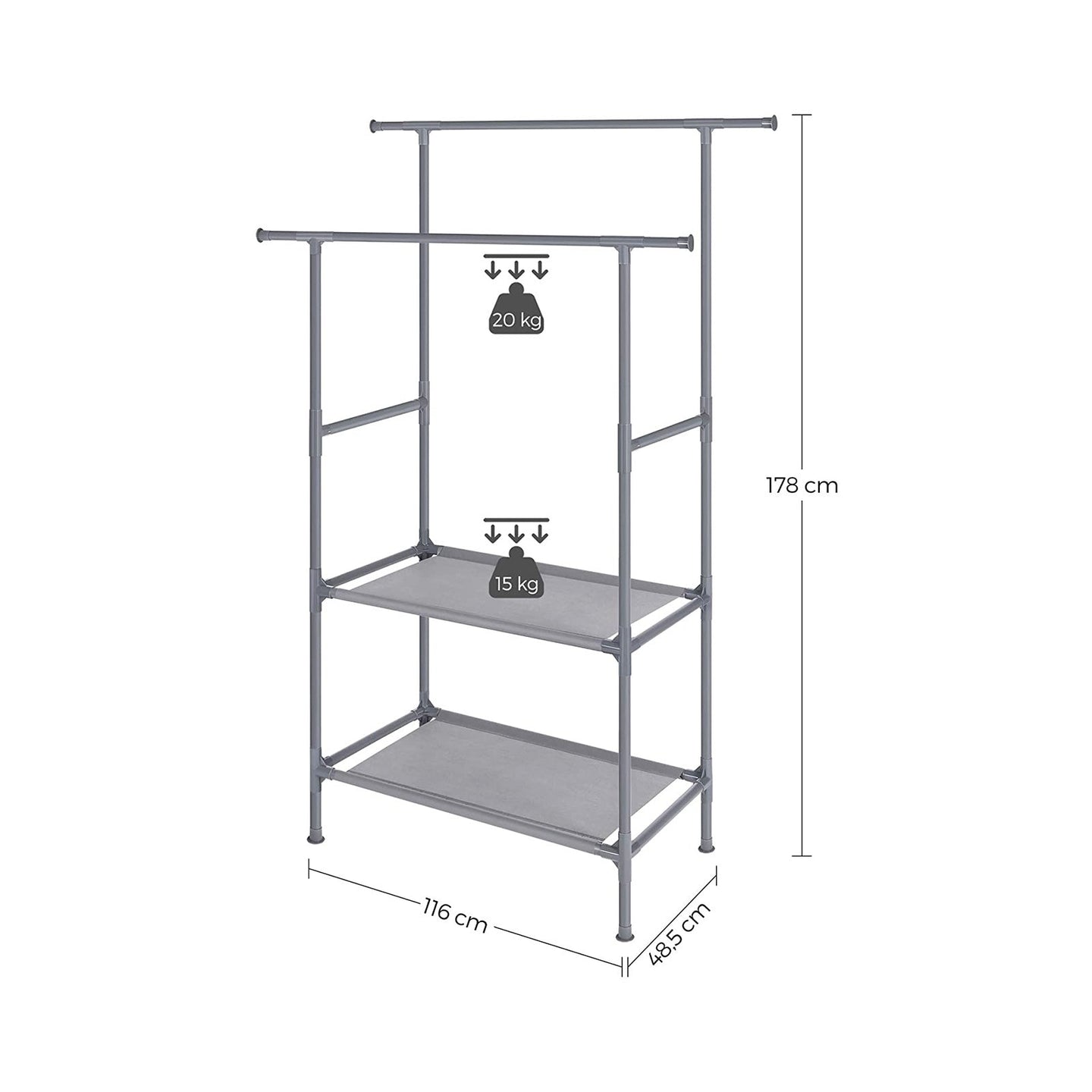 Clothes Rack - Metal - Grey - 2 Hanging Rails and 2 Storage Shelves
