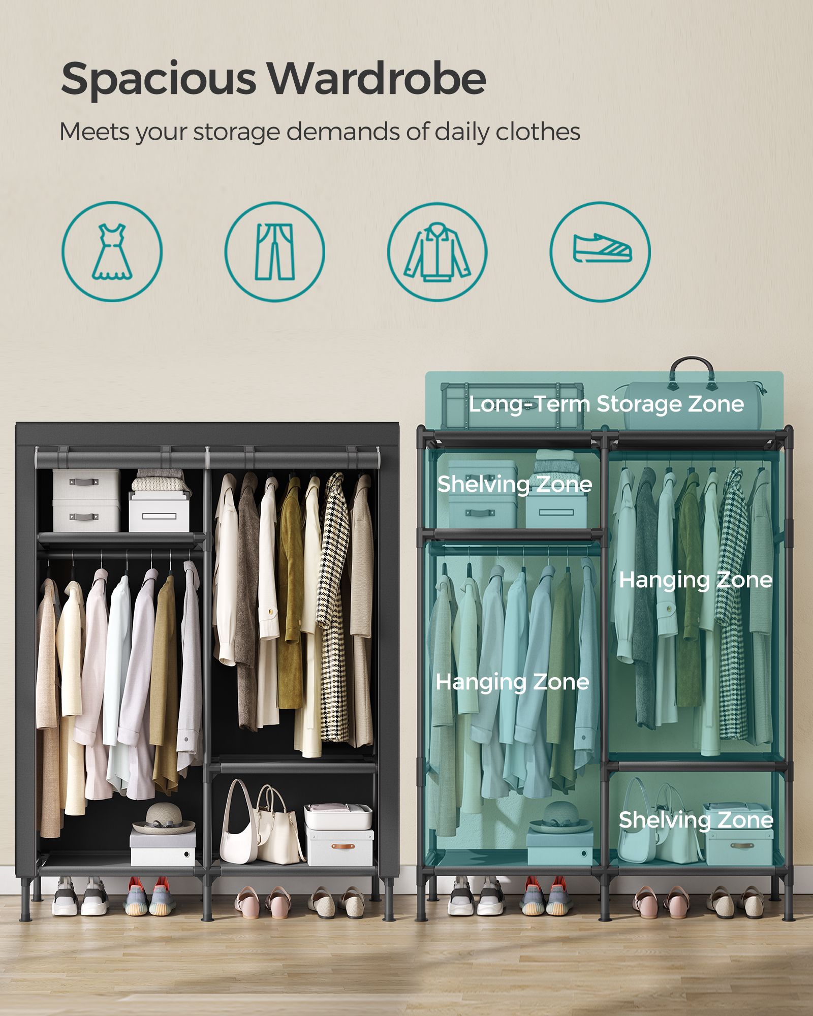 Portable Fabric Wardrobe - Steel Frame - Black - 110 kg Capacity