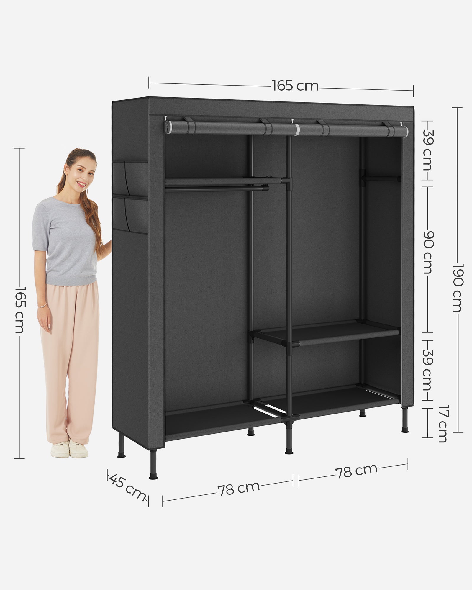 Portable Fabric Wardrobe - Steel Frame - Black - 110 kg Capacity