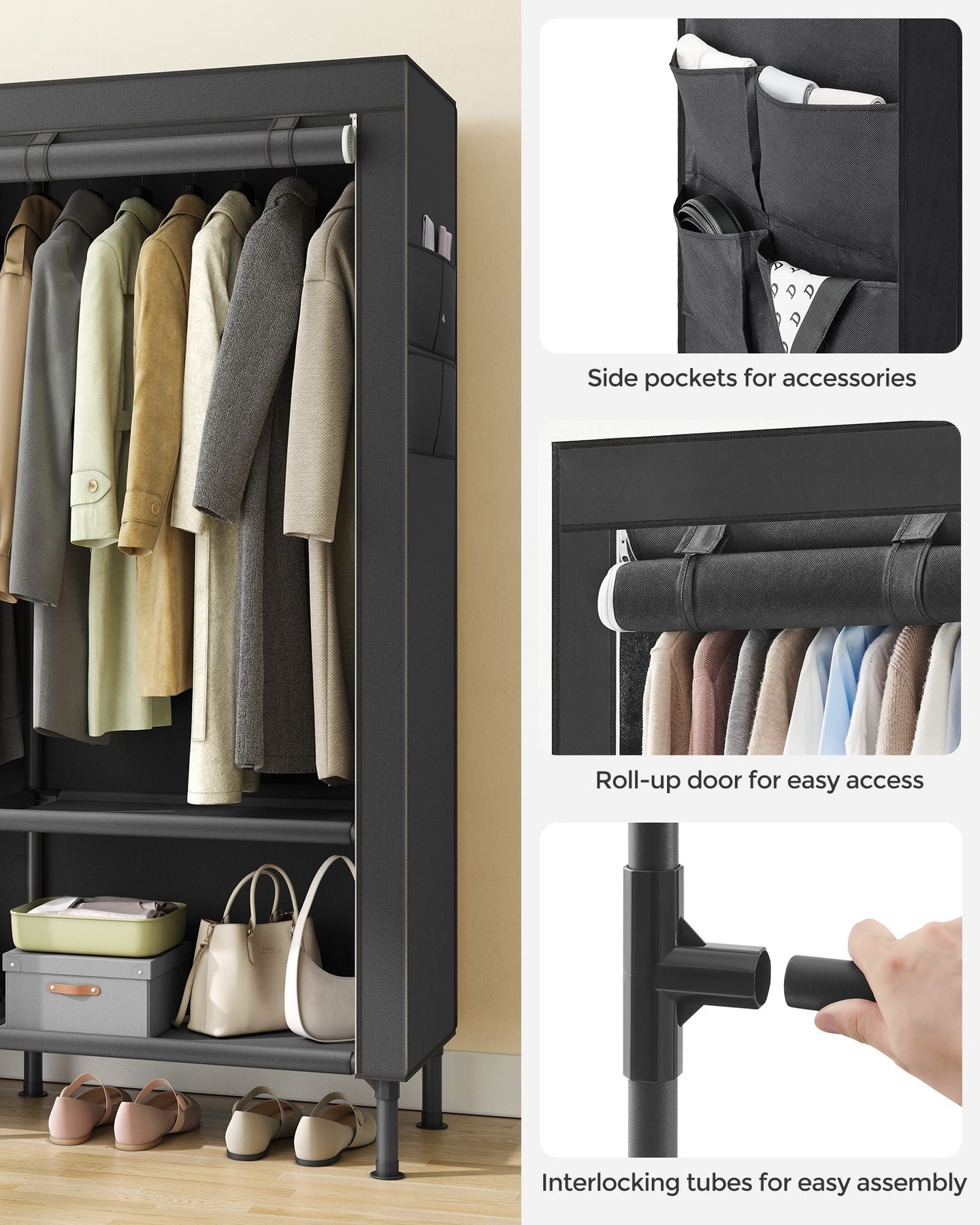 Portable Fabric Wardrobe - Steel Frame - Black - 110 kg Capacity