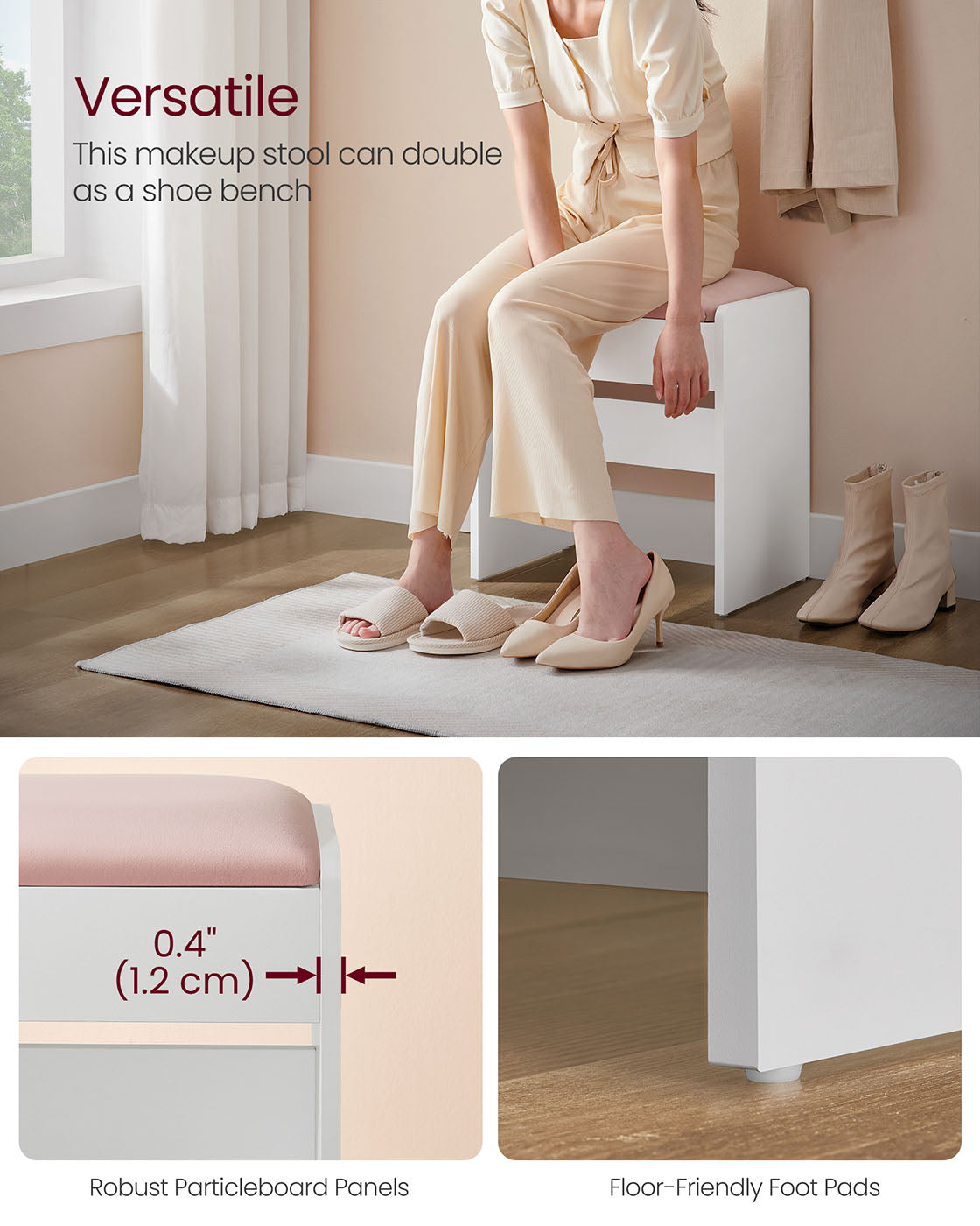 Makeup Stool - Velvet - Matte White - Upholstered with Anti-Slip Pads