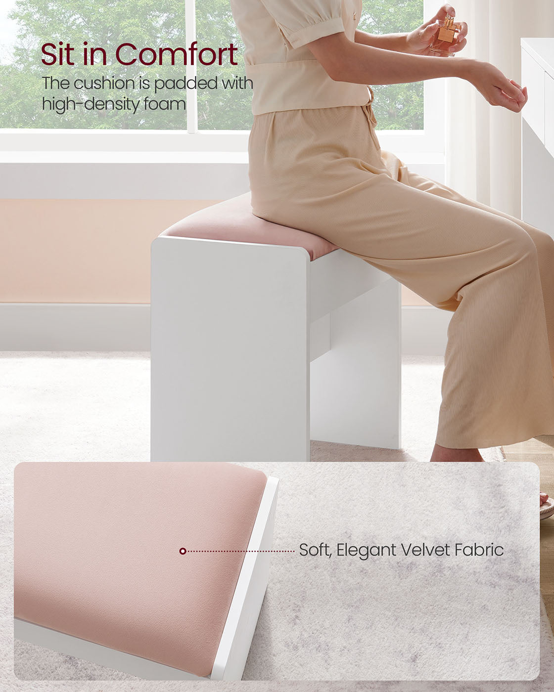 Makeup Stool - Velvet - Matte White - Upholstered with Anti-Slip Pads