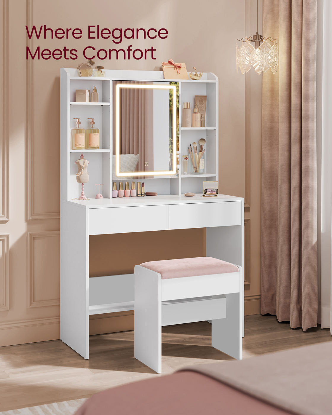 Makeup Stool - Velvet - Matte White - Upholstered with Anti-Slip Pads