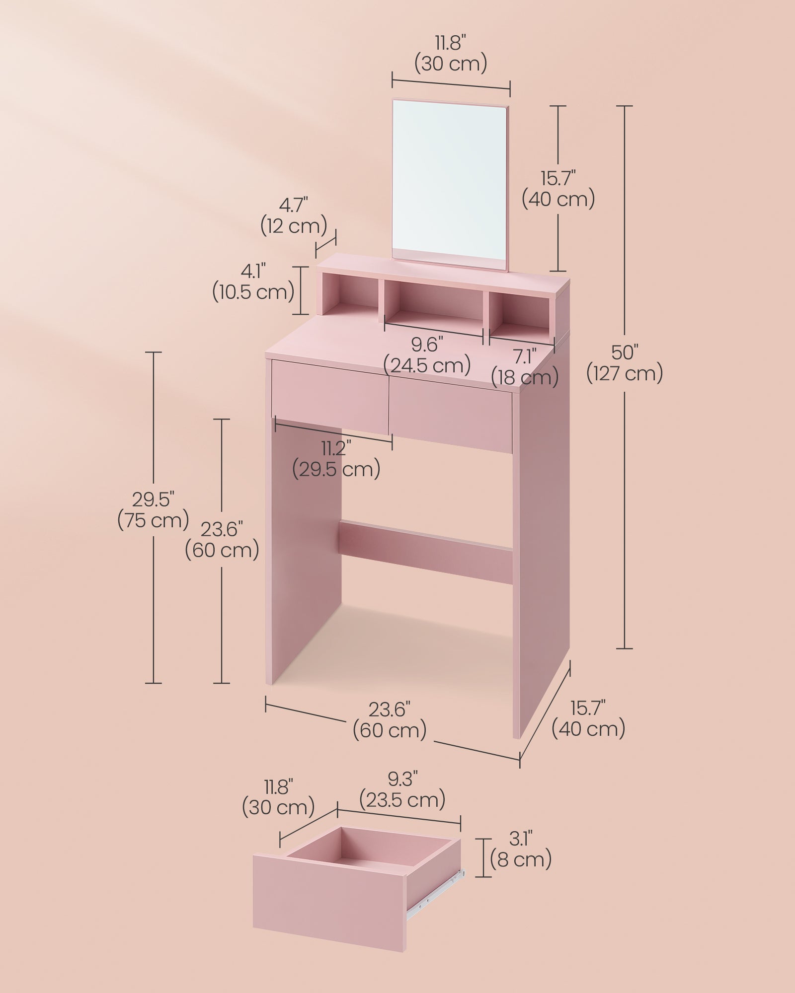 Dressing Table - MDF - Jelly Pink - Large Rectangular Mirror