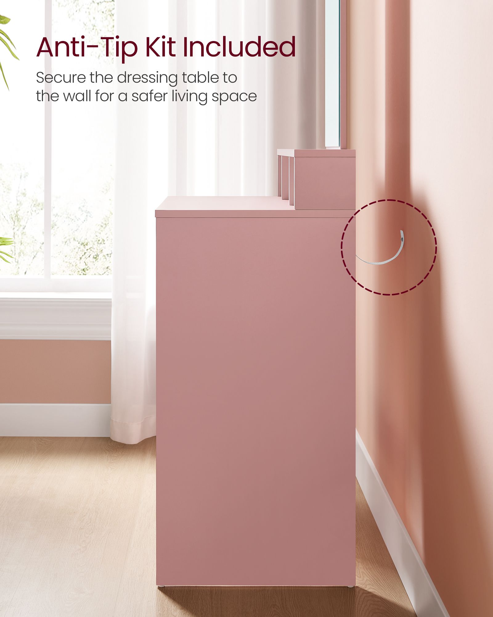 Dressing Table - MDF - Jelly Pink - Large Rectangular Mirror