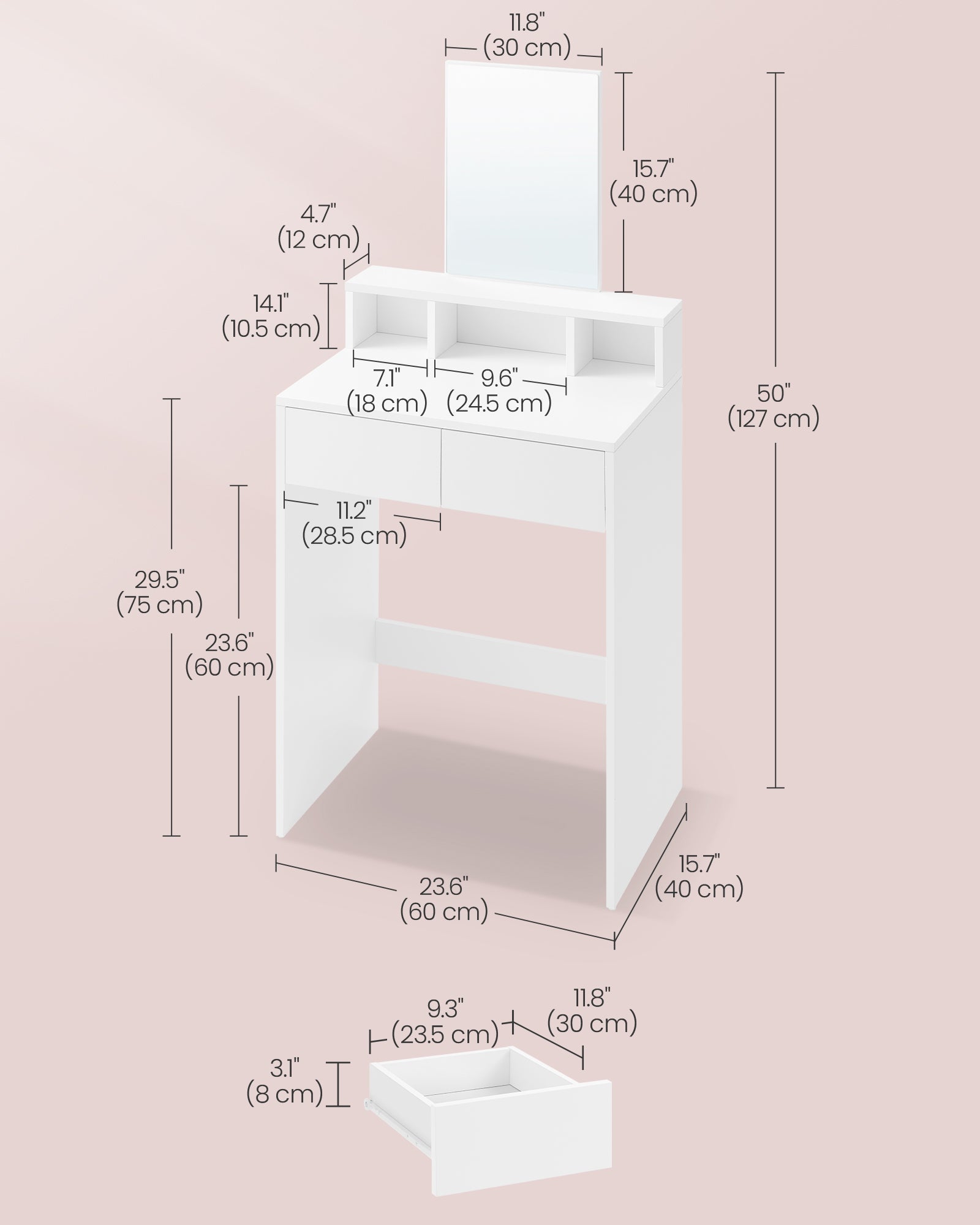 Dressing Table - Wood - Cloud White - Large Mirror