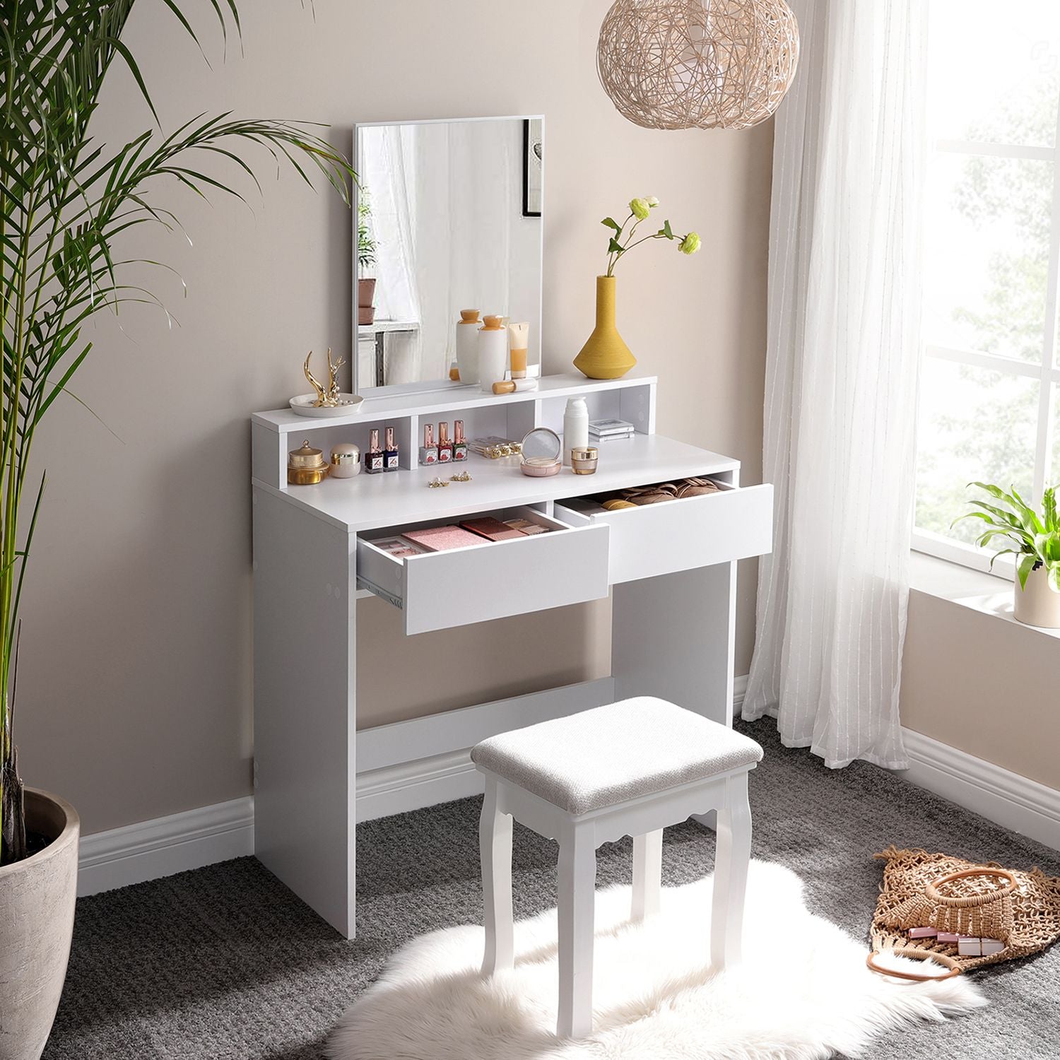 Dressing Table - Wood - White - Rectangular Mirror with 2 Drawers and 3 Open Compartments