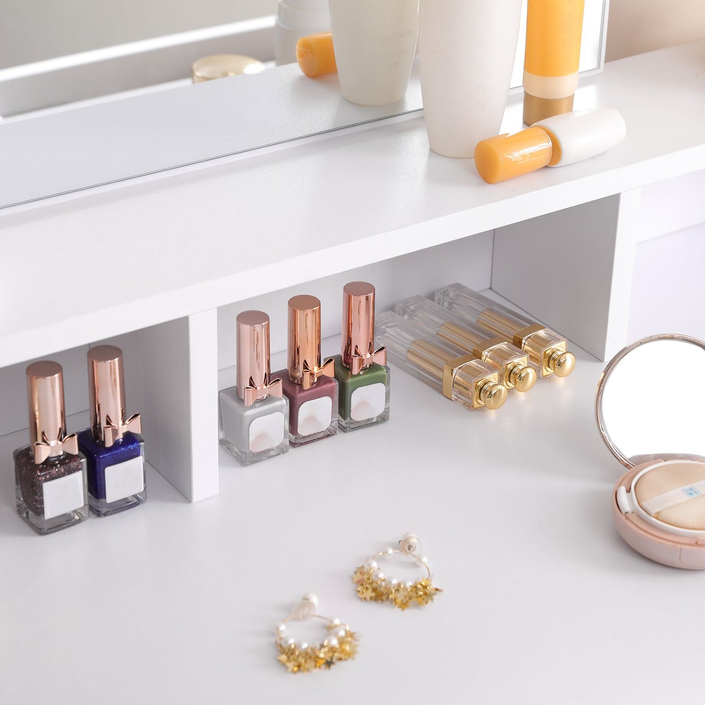 Dressing Table - Wood - White - Rectangular Mirror with 2 Drawers and 3 Open Compartments