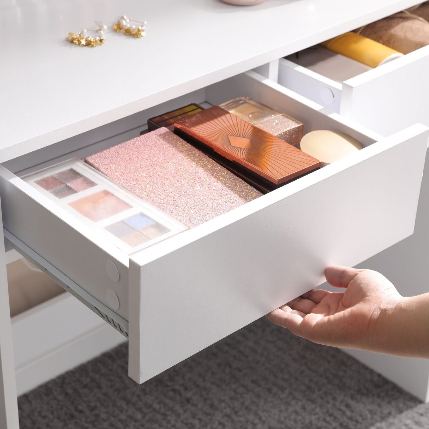 Dressing Table - Wood - White - Rectangular Mirror with 2 Drawers and 3 Open Compartments