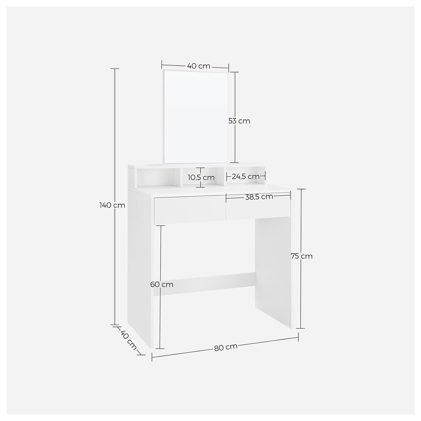 Dressing Table - Wood - White - Rectangular Mirror with 2 Drawers and 3 Open Compartments