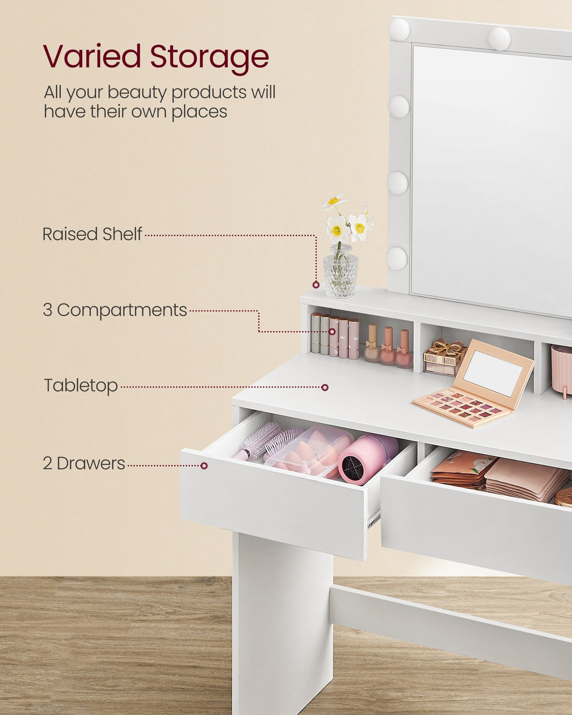 Dressing Table - 80L - Chipboard with Melamine Veneer - Mirror with Light Bulbs