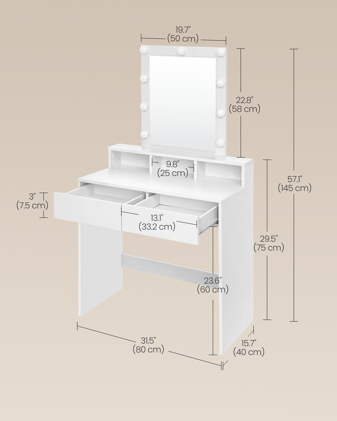 Dressing Table - 80L - Chipboard with Melamine Veneer - Mirror with Light Bulbs
