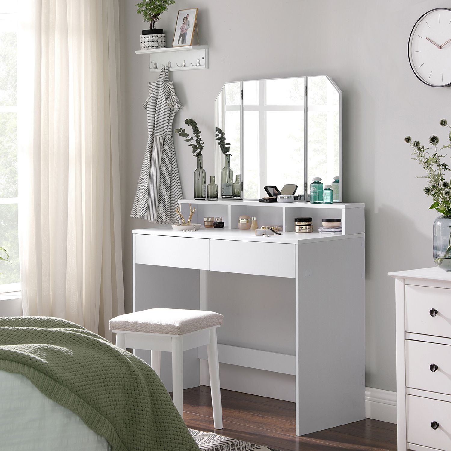 Dressing Table - Wood - White - Tri-Fold Mirror with Drawers and Open Compartments