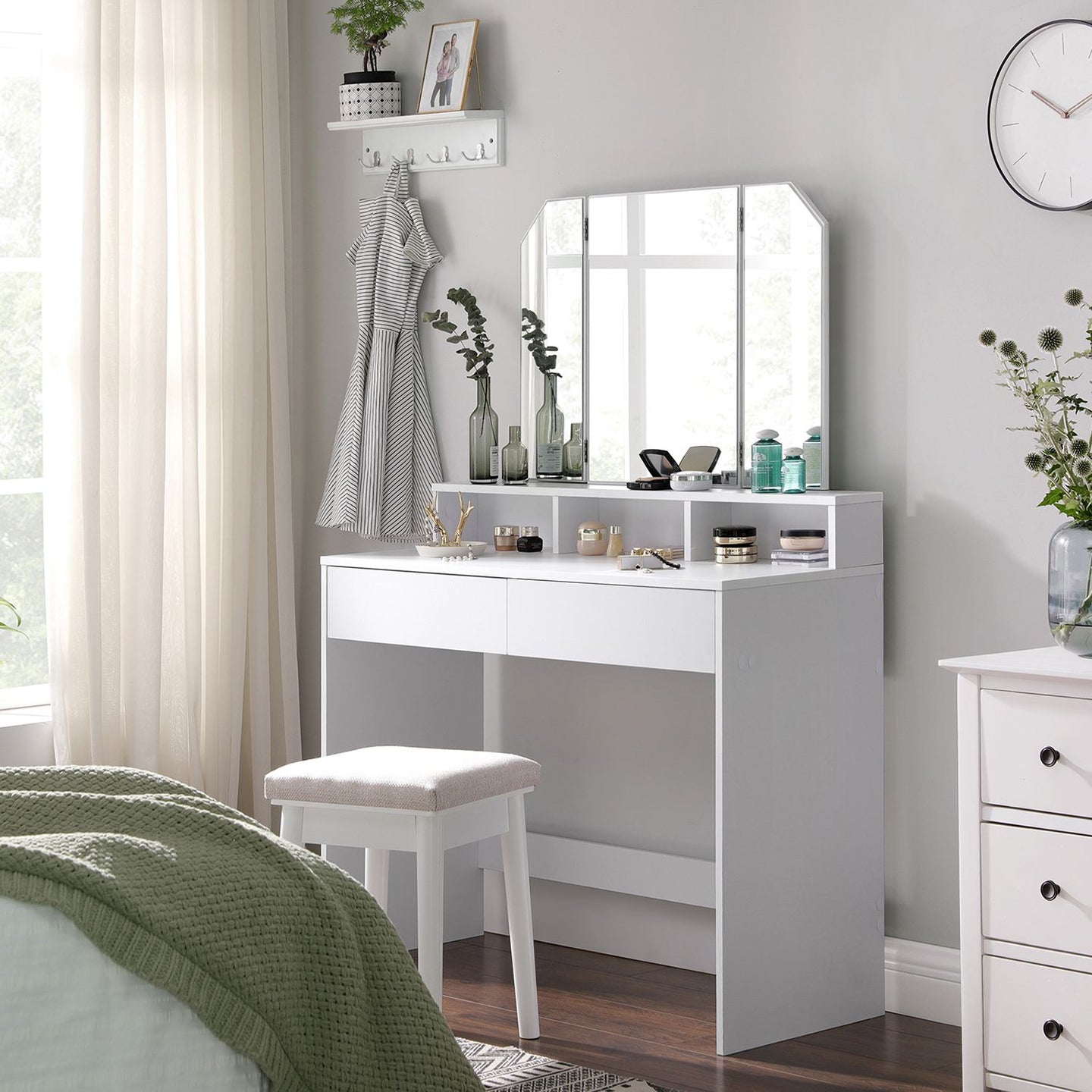 Dressing Table - Wood - White - Tri-Fold Mirror with Drawers and Open Compartments