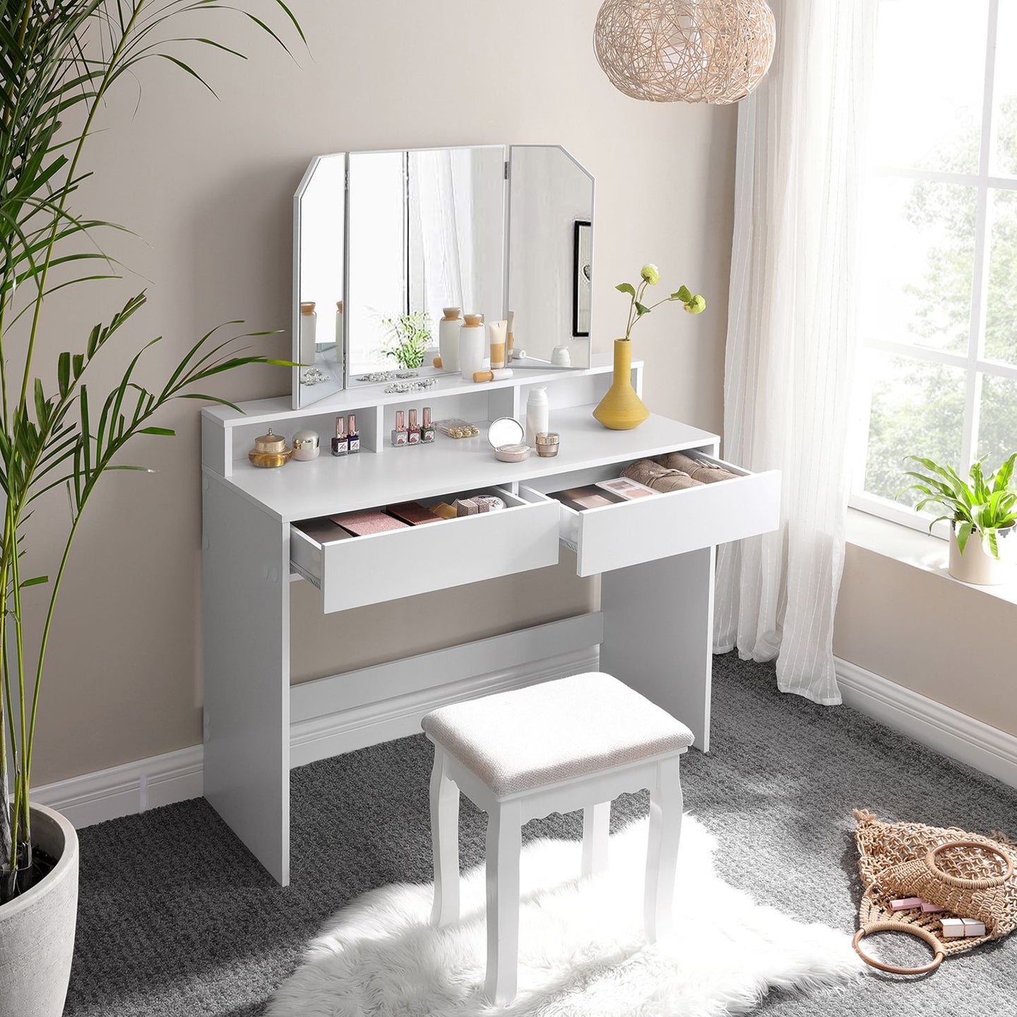 Dressing Table - Wood - White - Tri-Fold Mirror with Drawers and Open Compartments