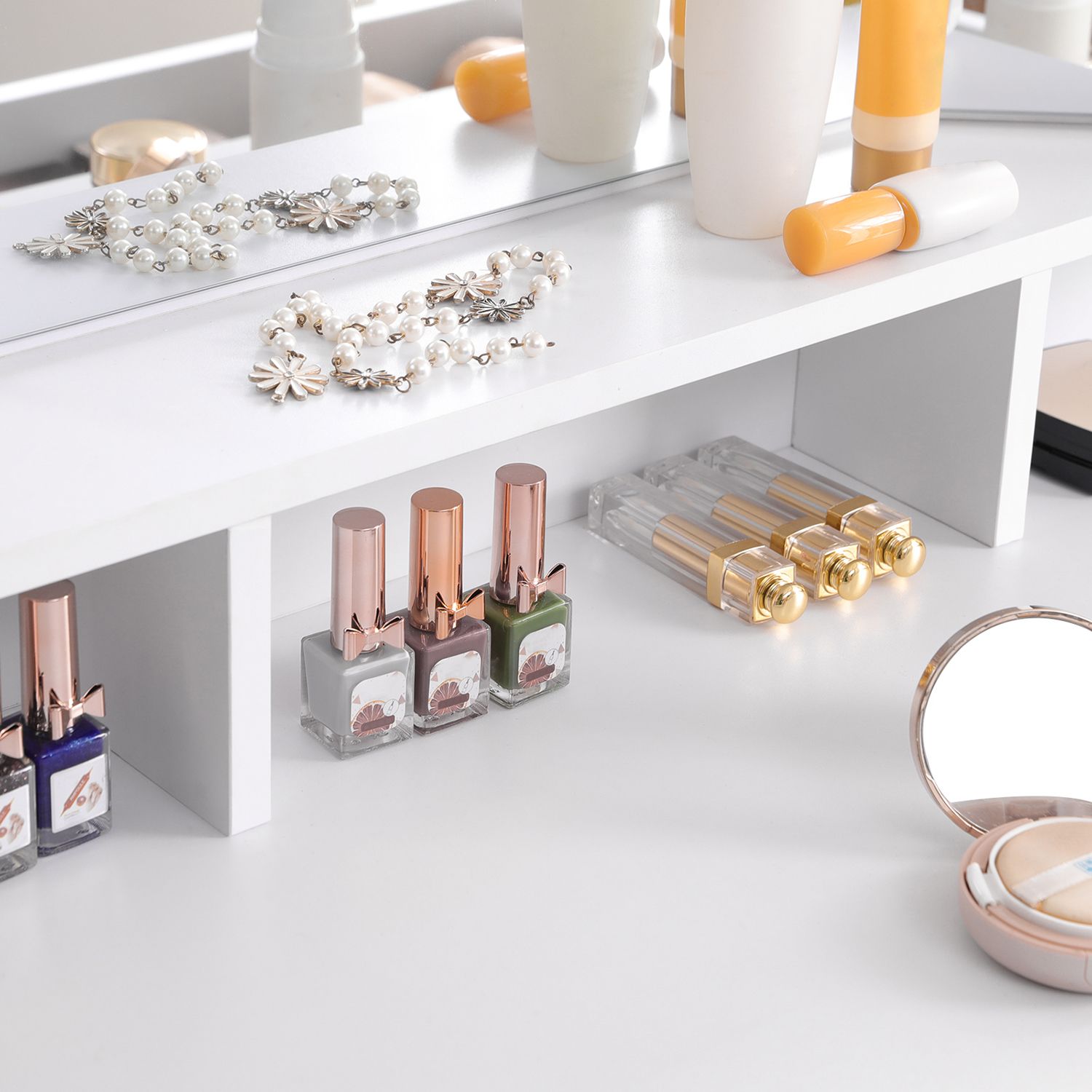 Dressing Table - Wood - White - Tri-Fold Mirror with Drawers and Open Compartments