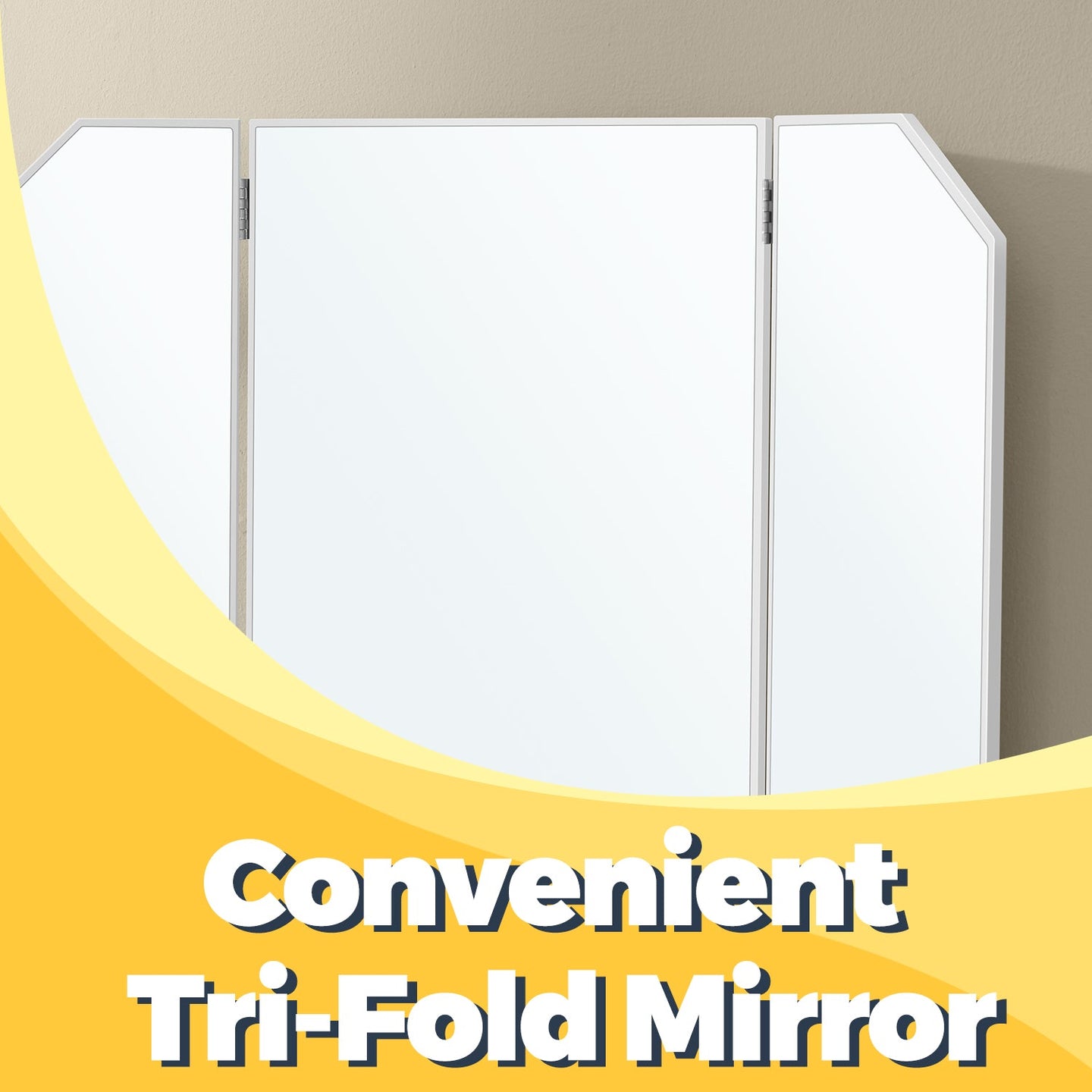 Dressing Table - Wood - White - Tri-Fold Mirror with Drawers and Open Compartments