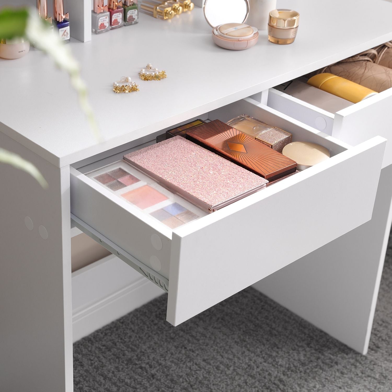 Dressing Table - Wood - White - Tri-Fold Mirror with Drawers and Open Compartments