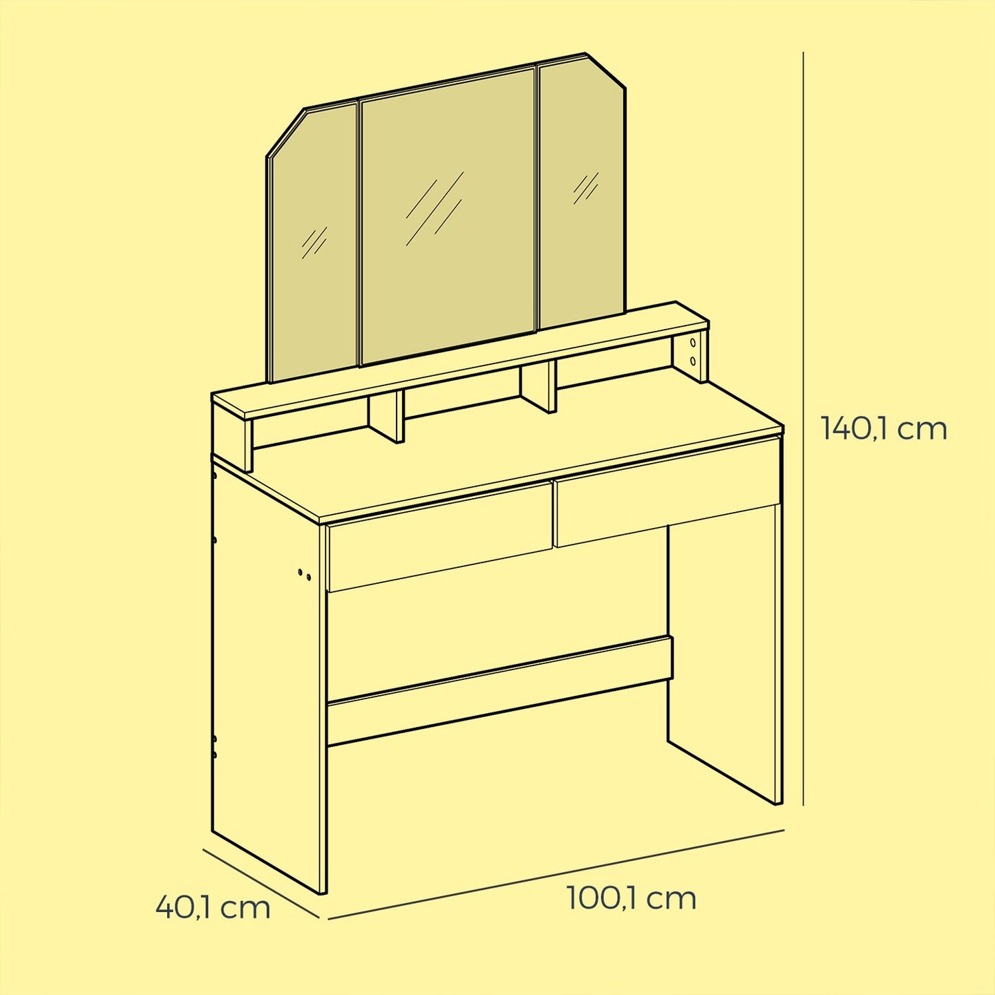 Dressing Table - Wood - White - Tri-Fold Mirror with Drawers and Open Compartments