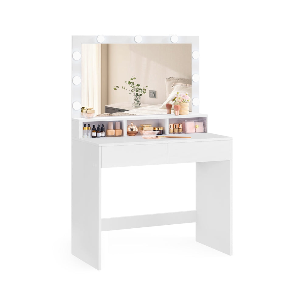 Dressing Table - Wood - White - Large Mirror with Adjustable LED Lights and Storage Compartments