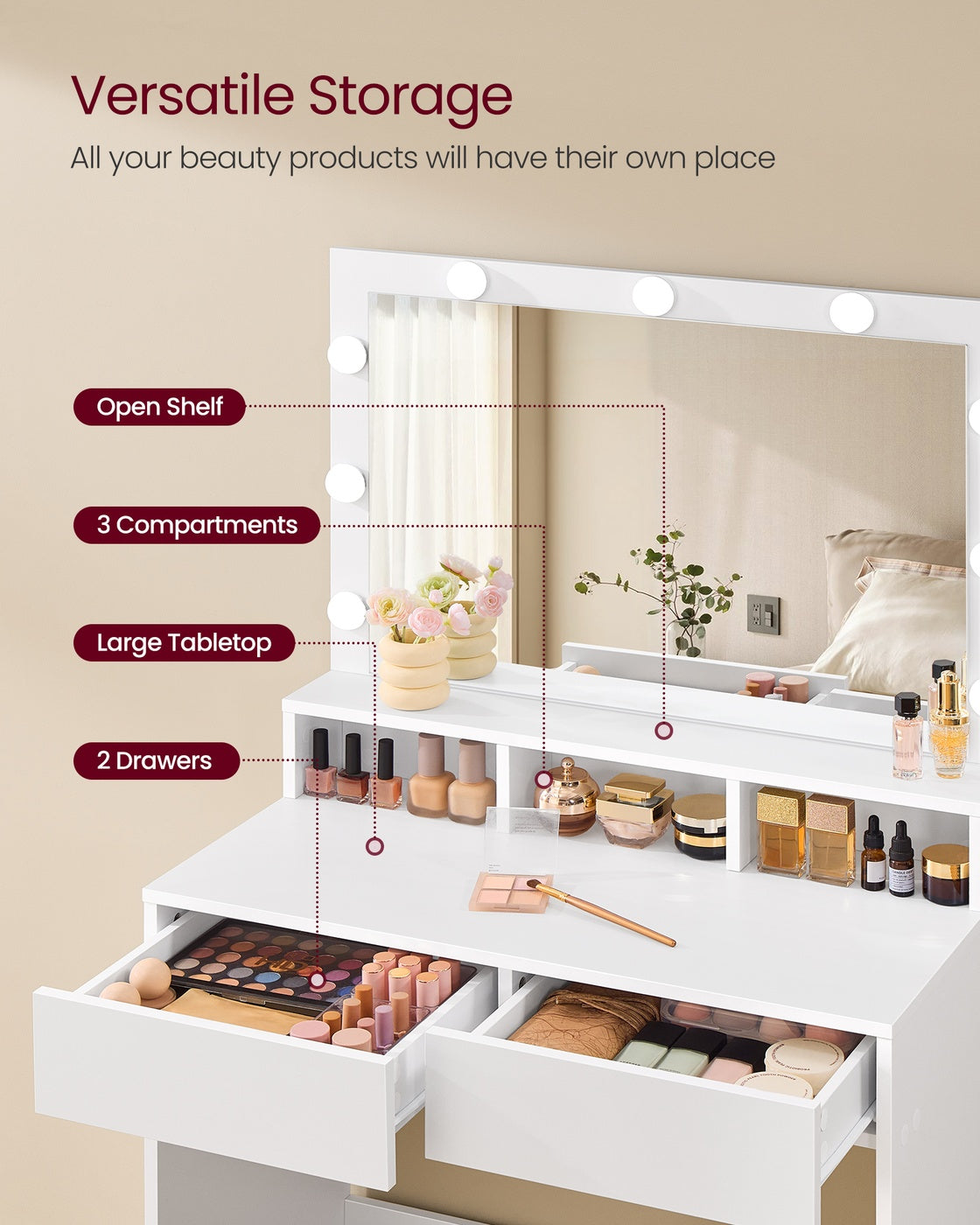 Dressing Table - Wood - White - Large Mirror with Adjustable LED Lights and Storage Compartments