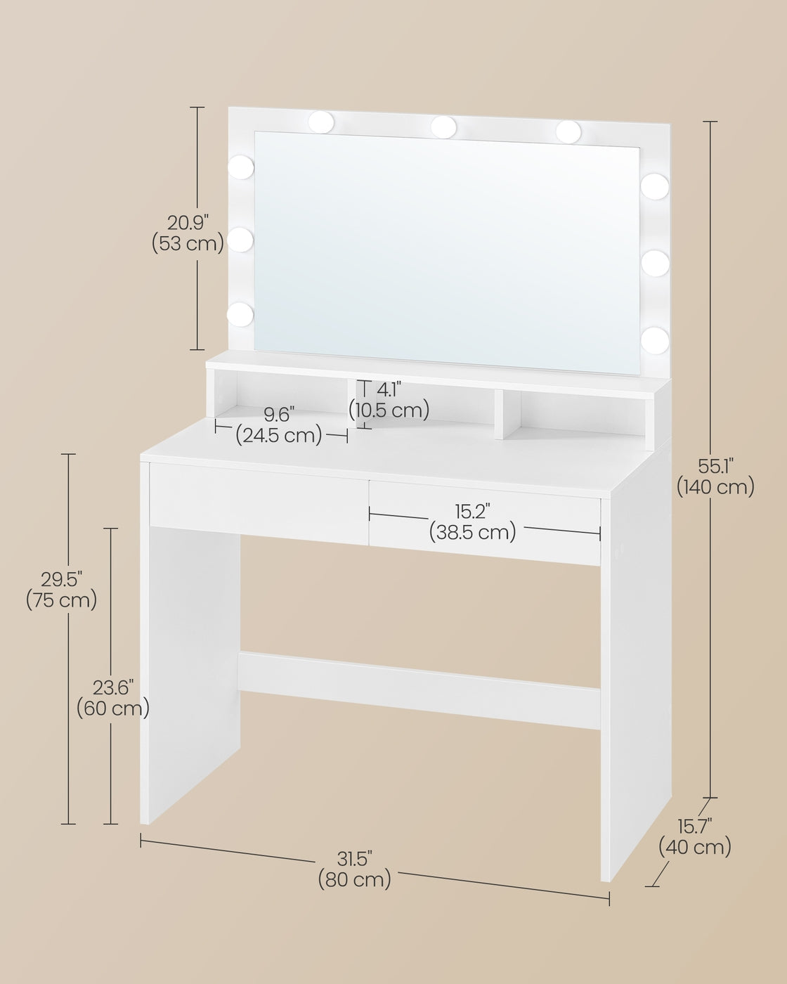 Dressing Table - Wood - White - Large Mirror with Adjustable LED Lights and Storage Compartments