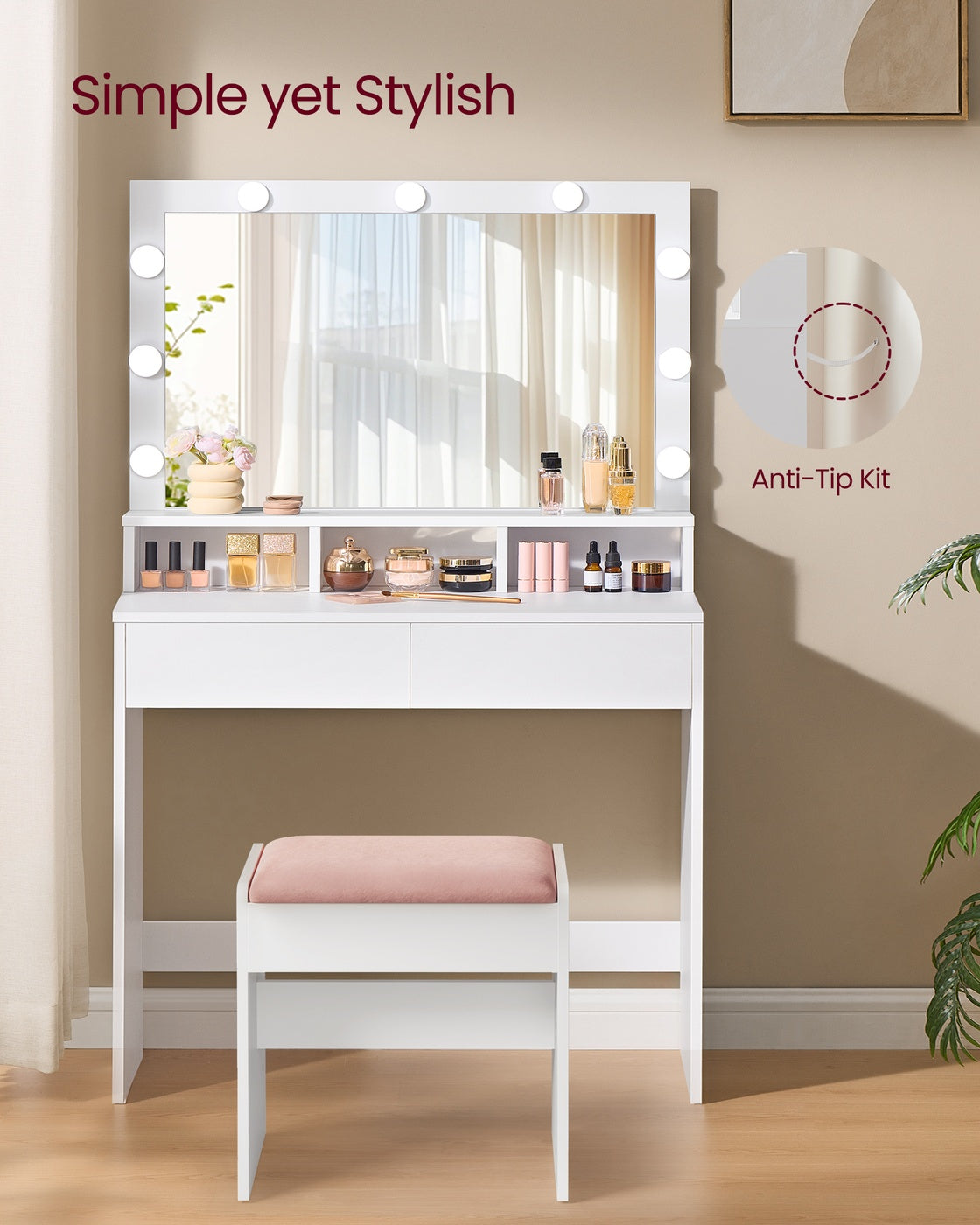 Dressing Table - Wood - White - Large Mirror with Adjustable LED Lights and Storage Compartments