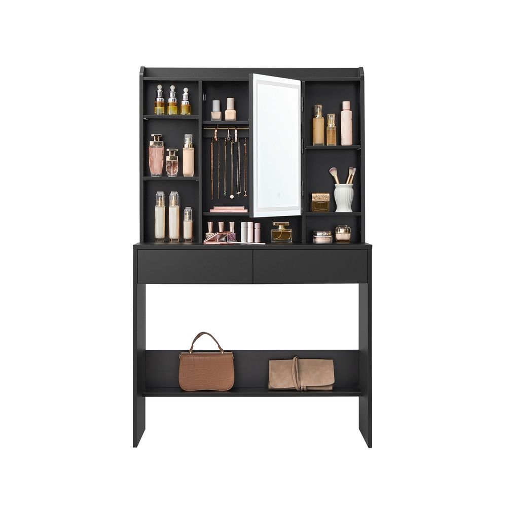 Dressing Table - Wood - Cloud White - Adjustable LED Lights with Mirror and Spacious Storage